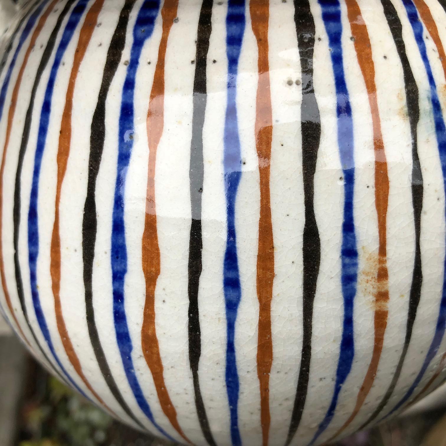 20th Century Japanese Old Vibrant Colors Striped Tea Vessel, Finely Crafted