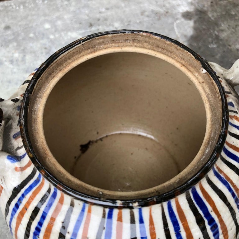 Japanese Old Vibrant Colors Striped Tea Vessel, Finely Crafted For Sale