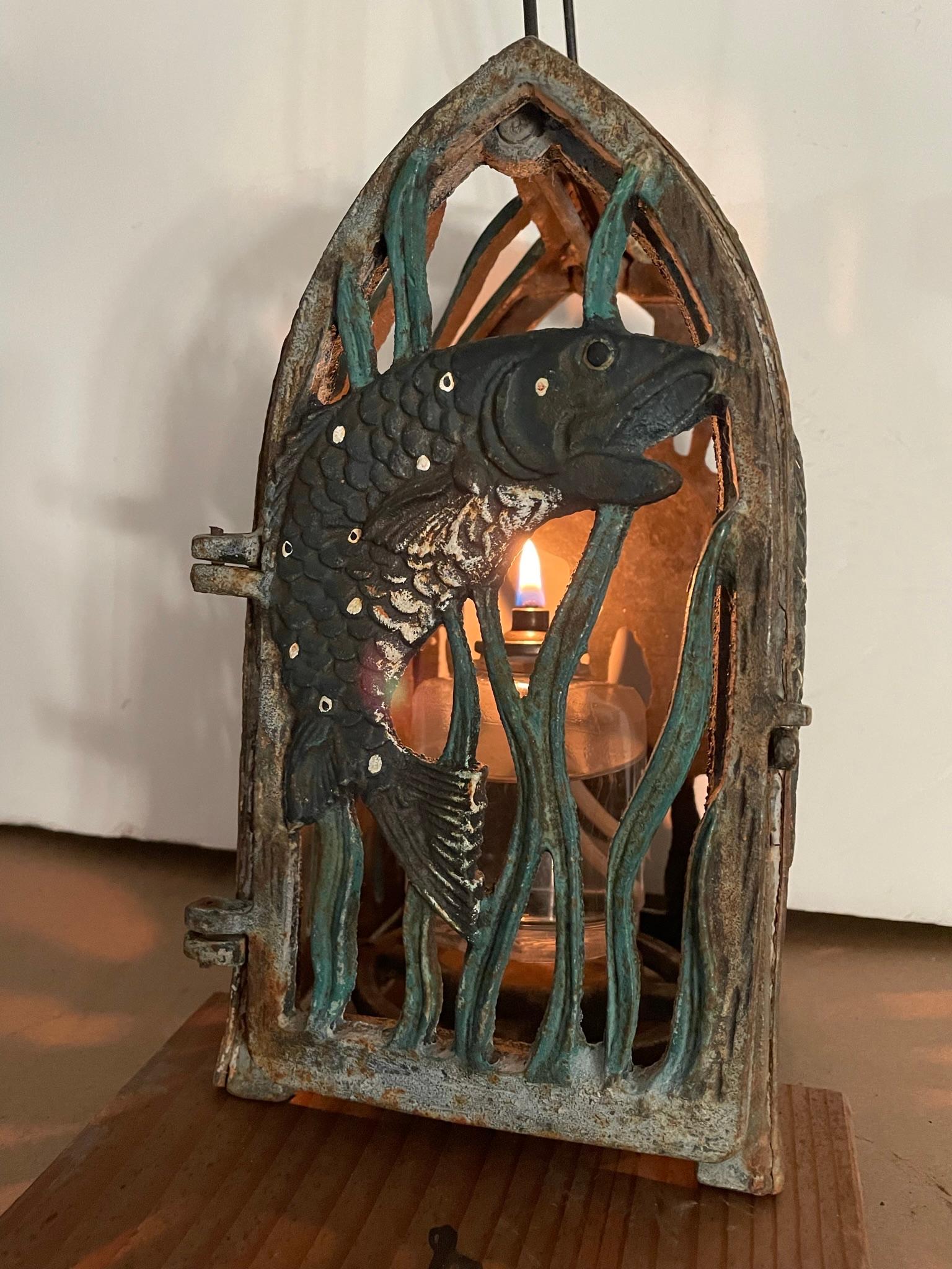 20th Century Japanese Old Vintage Jumping Speckled Trout Fish Lighting Lantern