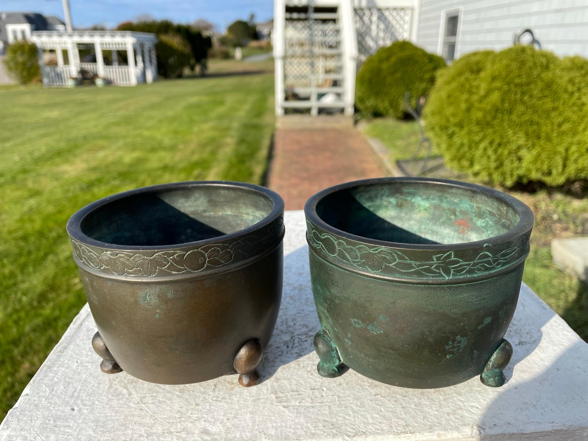 Showa Japanese Old Vintage Pair Bronze Cache Pots
