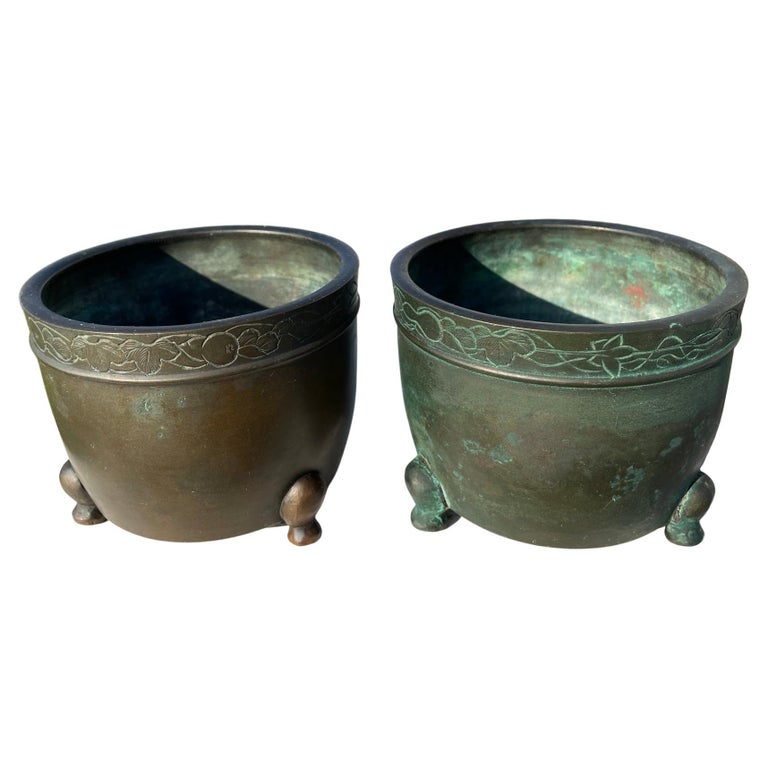 Japanese Old Vintage Pair Bronze Cache Pots For Sale