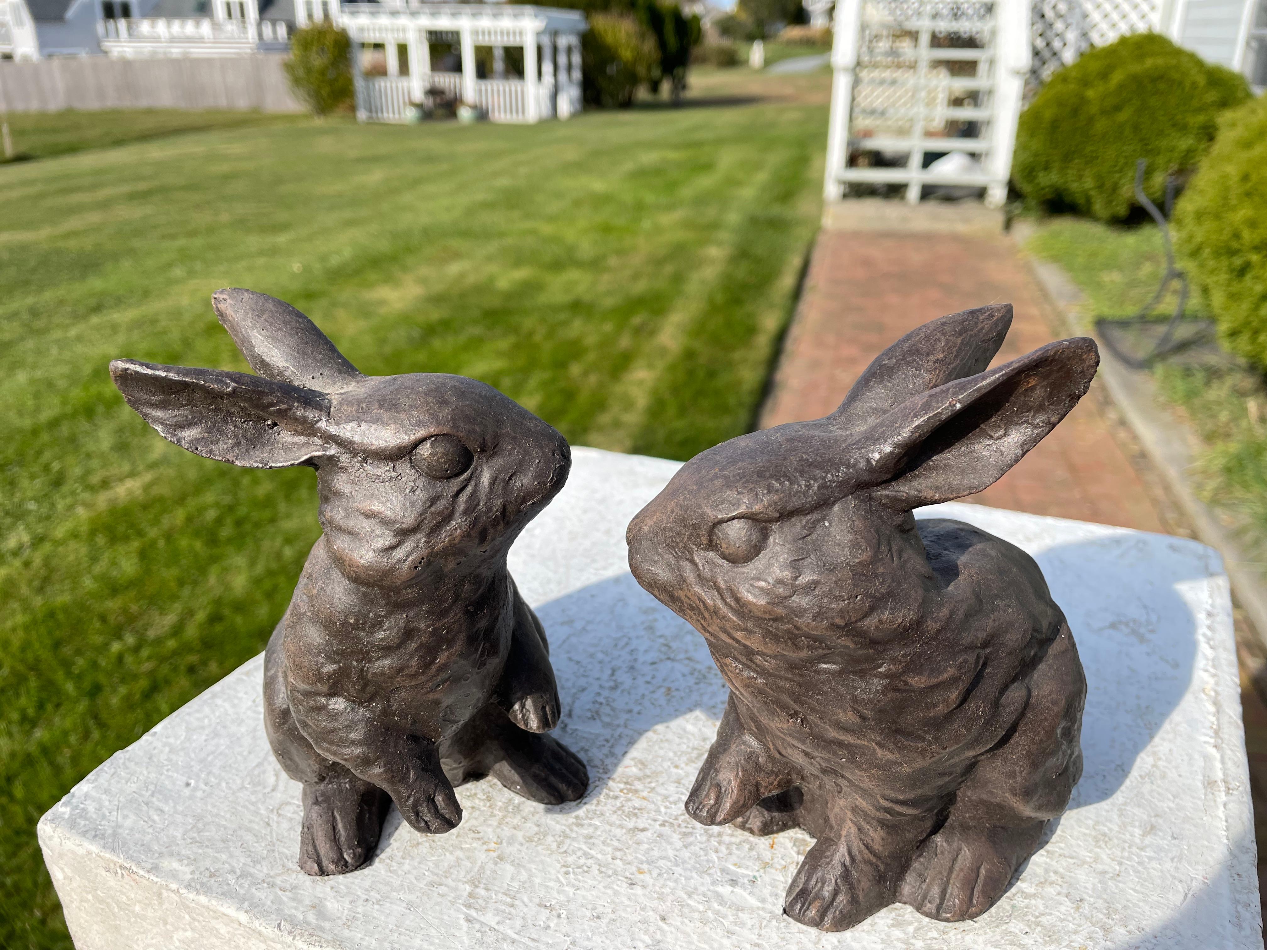 Patinated Japanese Old Vintage Pair Chocolate Garden Rabbits