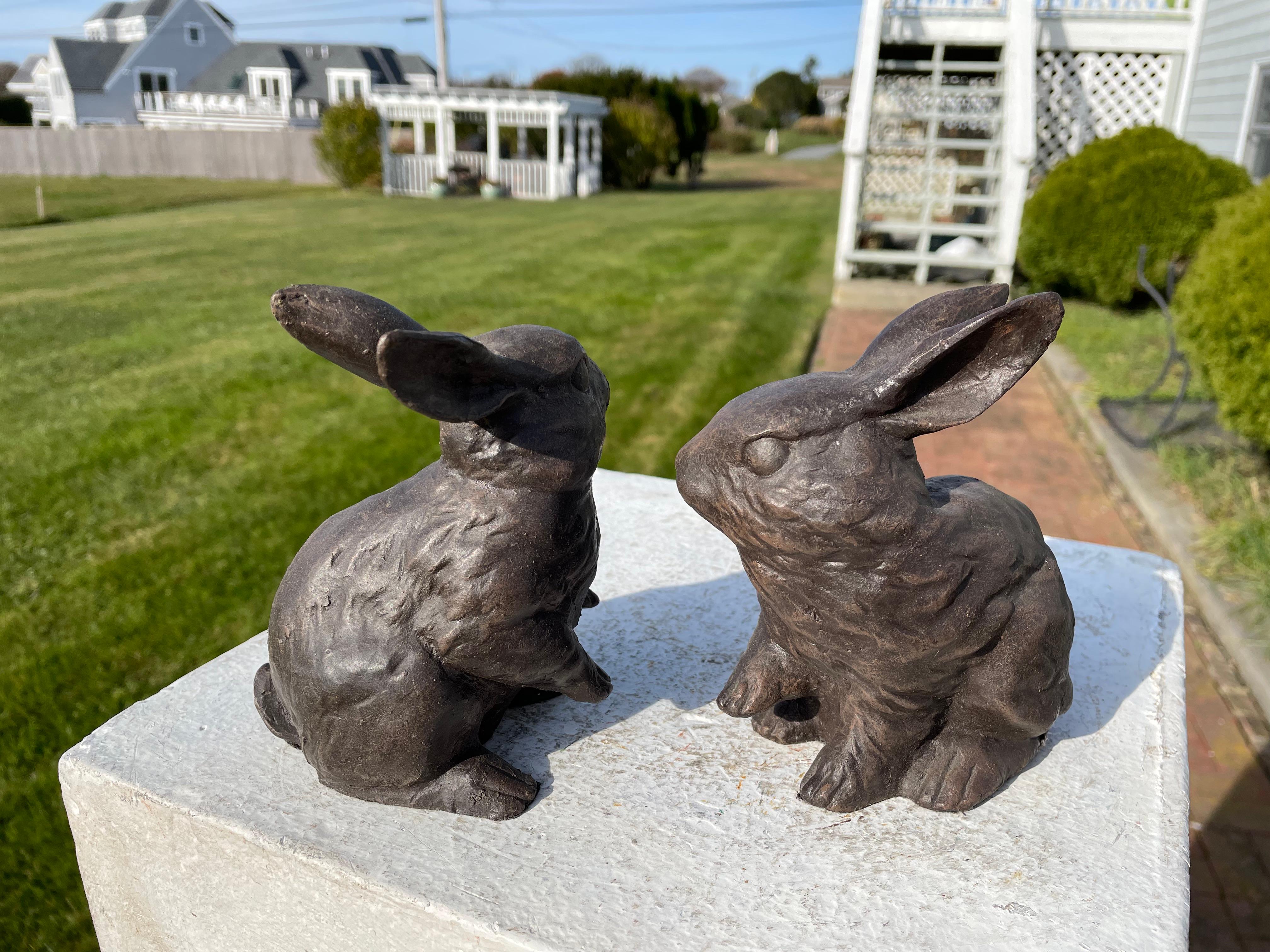 Japanese Old Vintage Pair Chocolate Garden Rabbits In Good Condition In South Burlington, VT