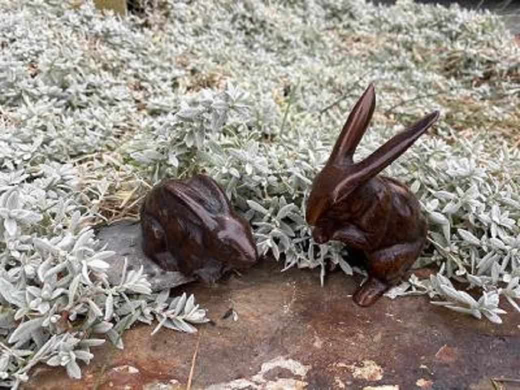 Cast Japanese Old Vintage Pair Mahogany  Rabbits For Sale