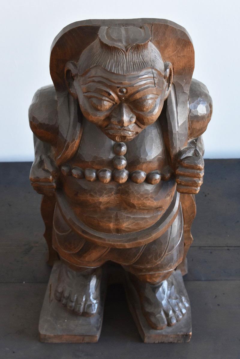 Japanese Old Wind God Wood Carving / 1966/Wooden Figurine / Buddha Statue 8