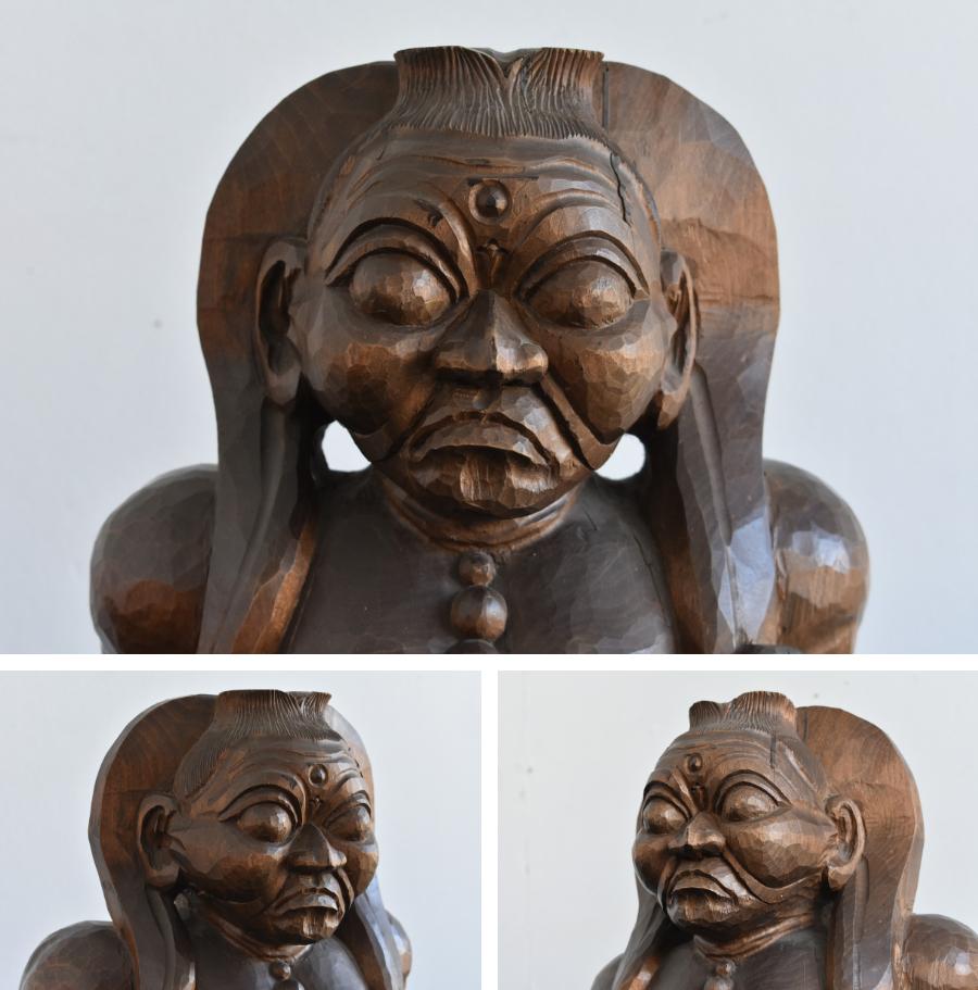 Japanese Old Wind God Wood Carving / 1966/Wooden Figurine / Buddha Statue In Good Condition In Sammu-shi, Chiba