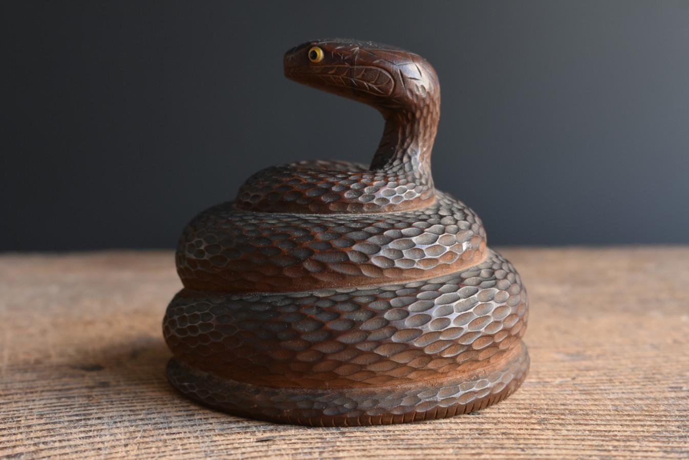20th Century Japanese Old Wood Carved Small Snake Figurine / Taisho Period / Lucky Figurine