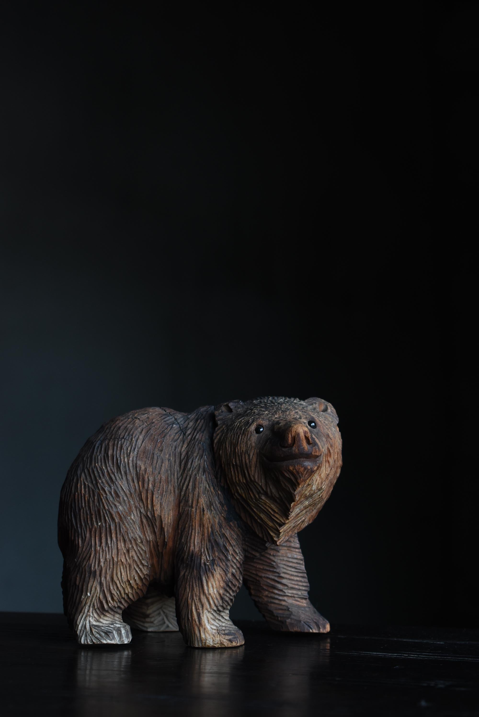Showa Japanese Old Wood Carving Bear 1950s-1970s / Figurine Sculpture Mingei