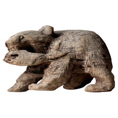 Japanese Old Wood Carving Bear / Wooden Figurine / 1950-1970s / Wabi-Sabi Mingei