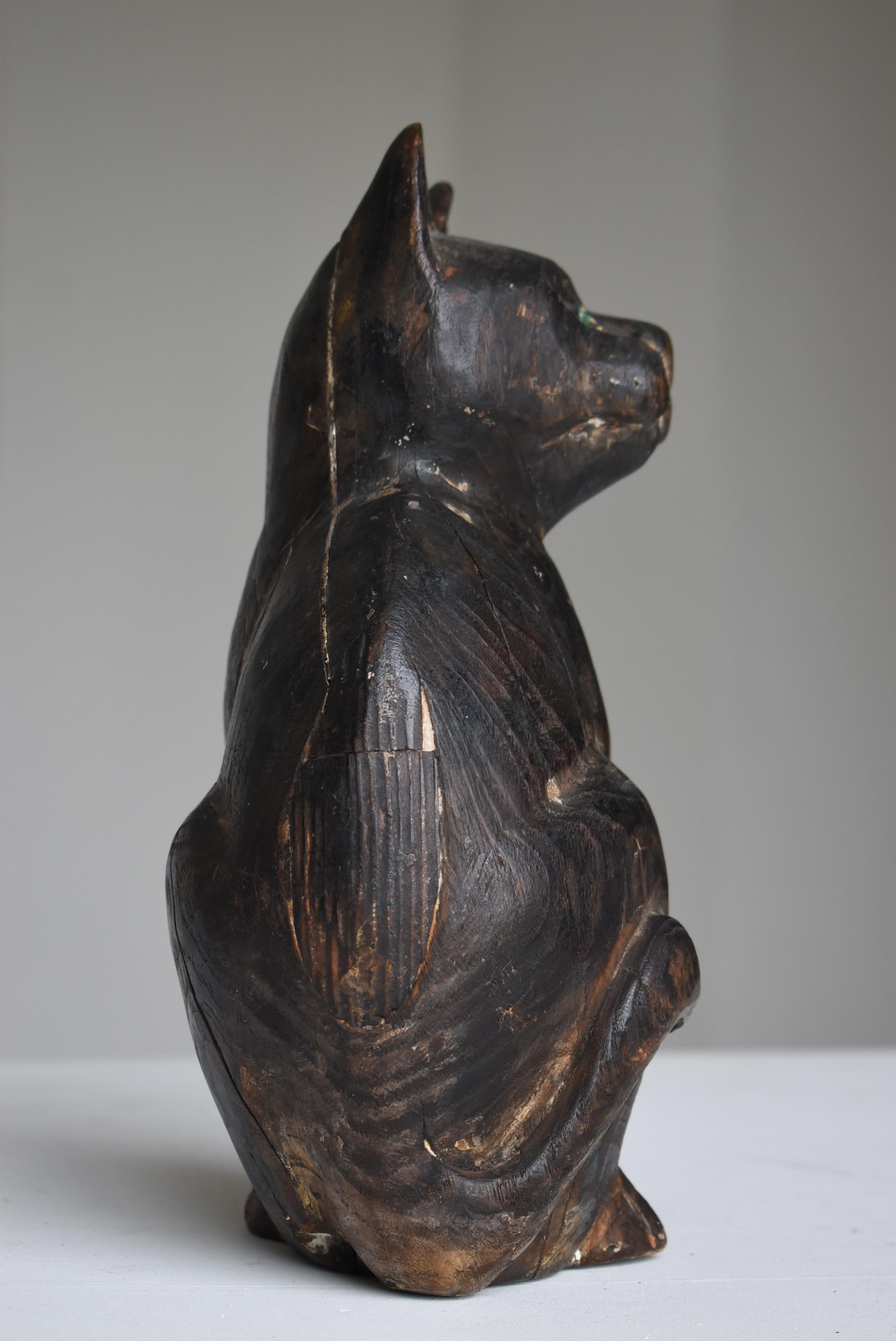 Meiji Japanese Old Wood Carving Cat 1860s-1920s / Antique Figurine Animal Sculpture