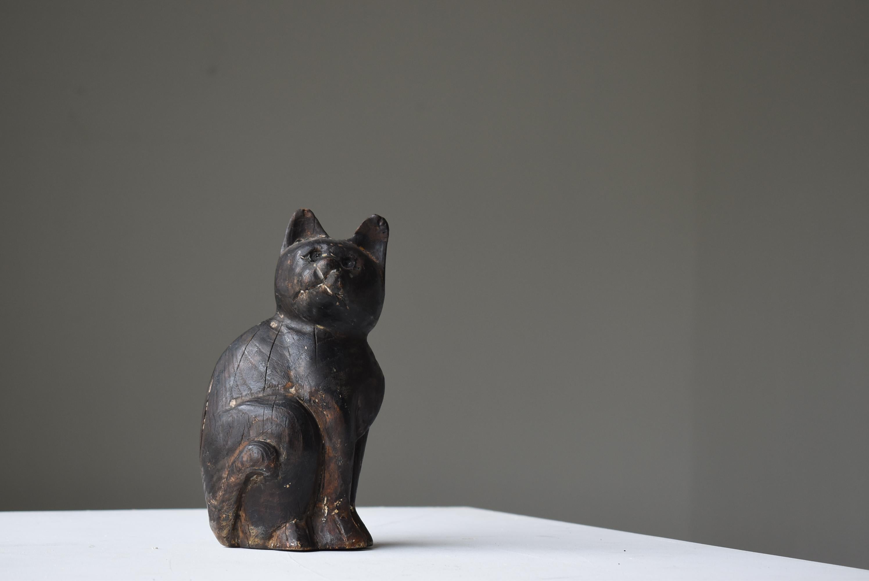 20th Century Japanese Old Wood Carving Cat 1860s-1920s / Antique Figurine Animal Sculpture