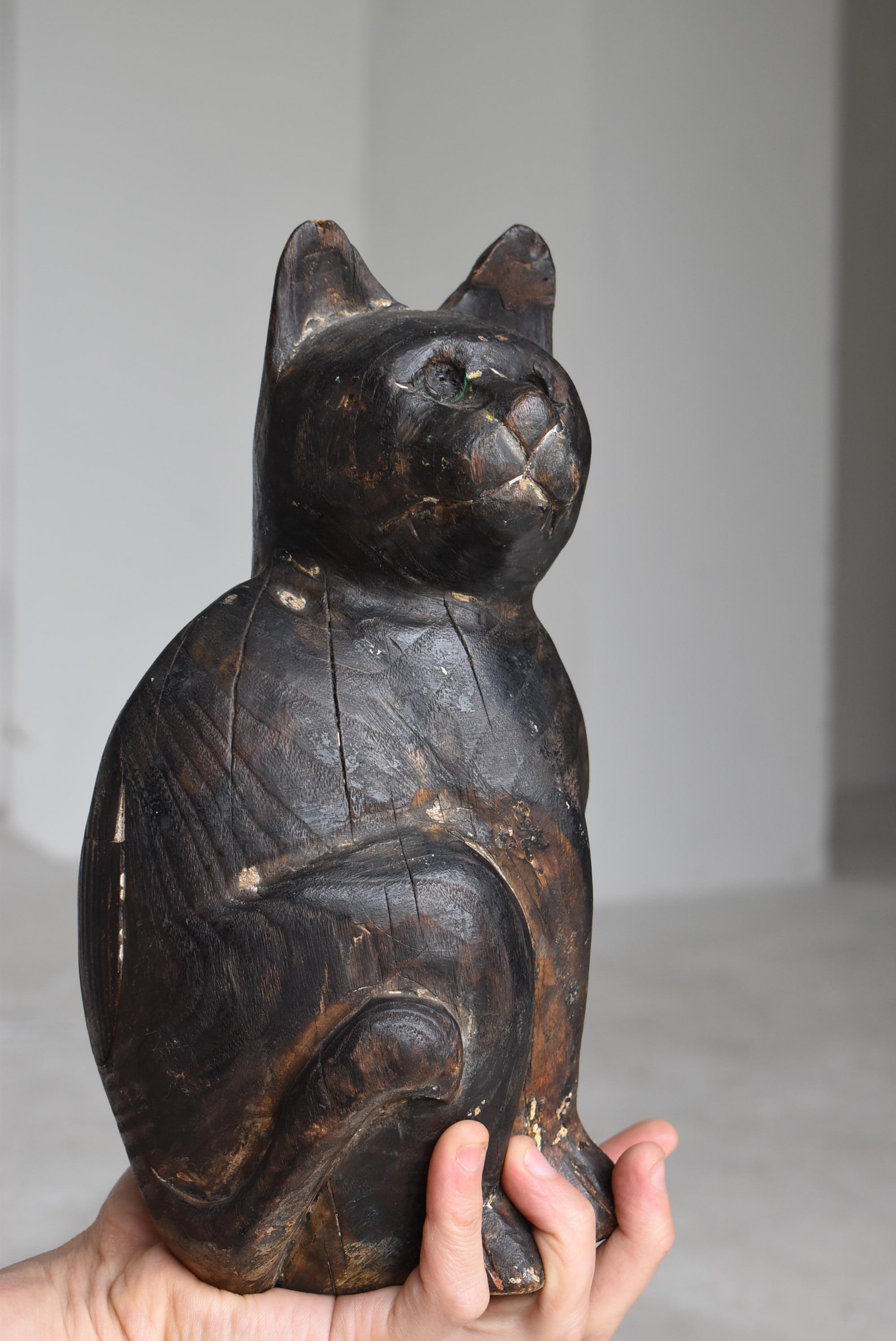 Cedar Japanese Old Wood Carving Cat 1860s-1920s / Antique Figurine Animal Sculpture