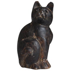Japanese Old Wood Carving Cat 1860s-1920s / Antique Figurine Animal Sculpture