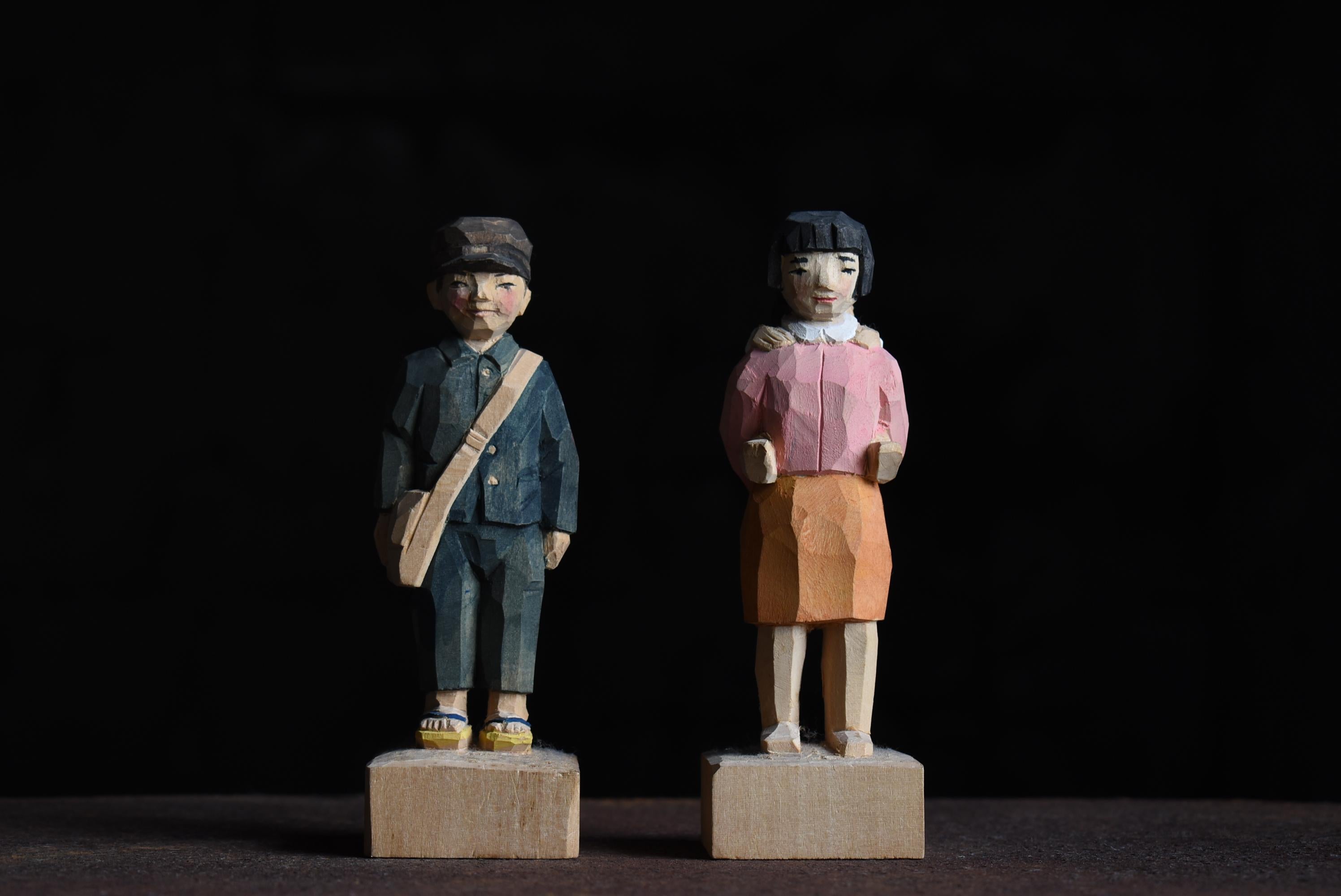 Japanische Altholzschnitzerei „Children“ 1940er-1960er Jahre / Gabel Art Wabi Sabi 13