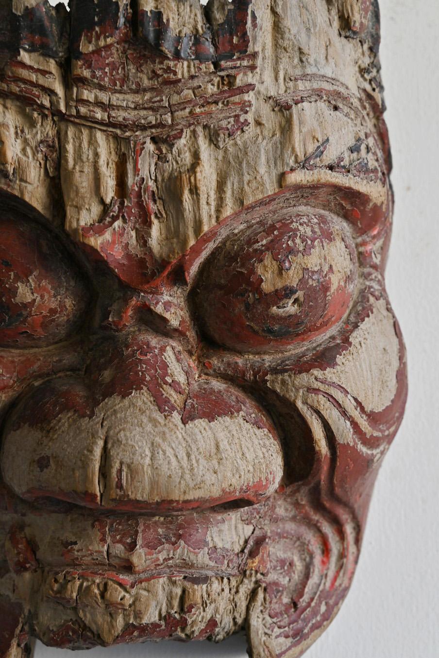 Hand-Carved Japanese old wood carving demon mask No.A /Before 19th cent/Wall-hanging  For Sale