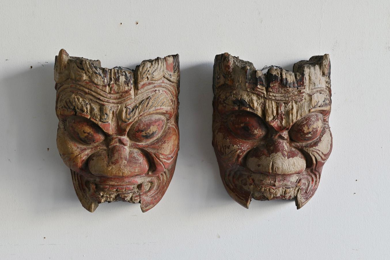 Japanese old wood carving demon mask No.A /Before 19th cent/Wall-hanging  For Sale 1
