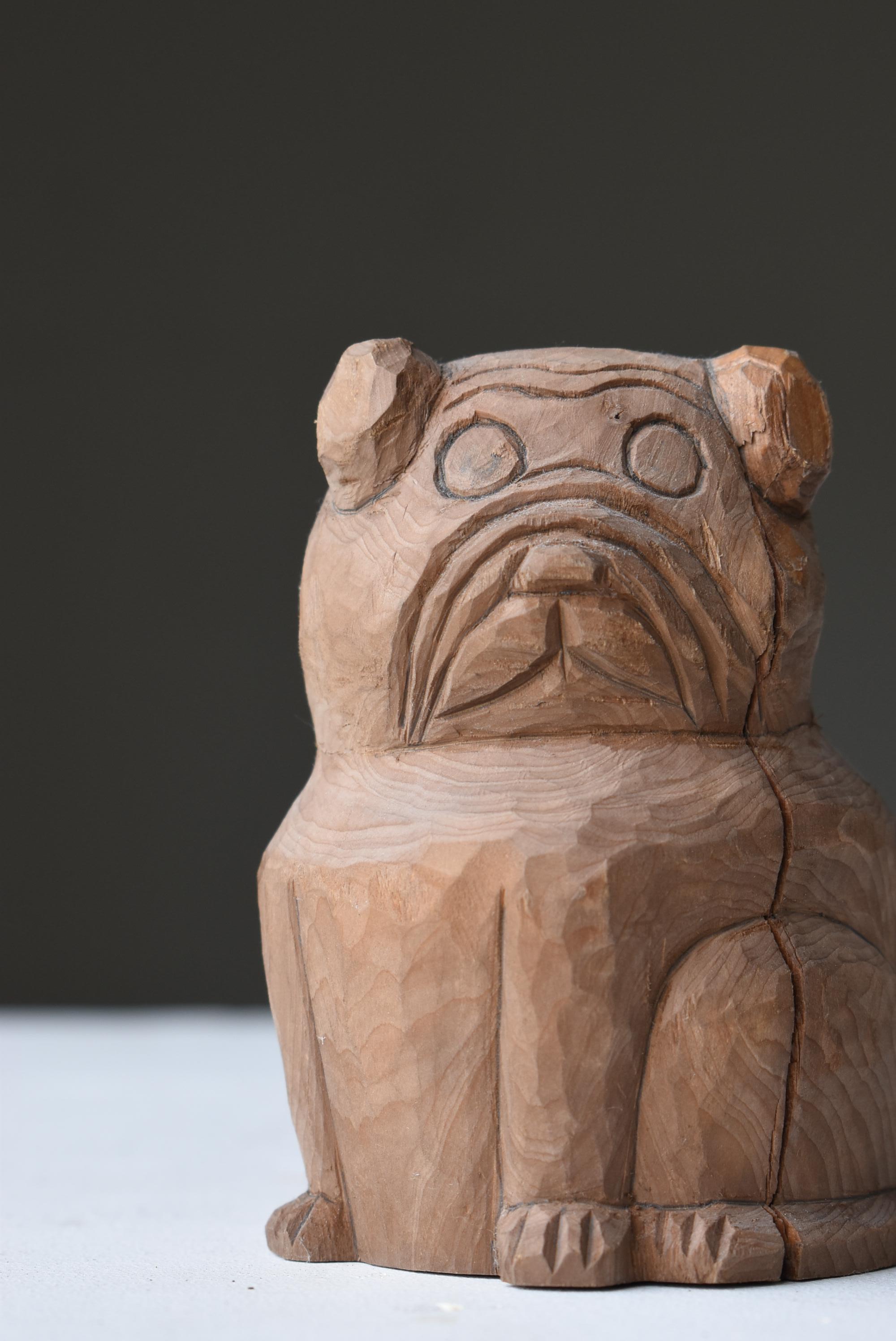 Japanned Japanese Old Wood Carving Dog 1940s-1970s / Figurine Sculpture Mingei