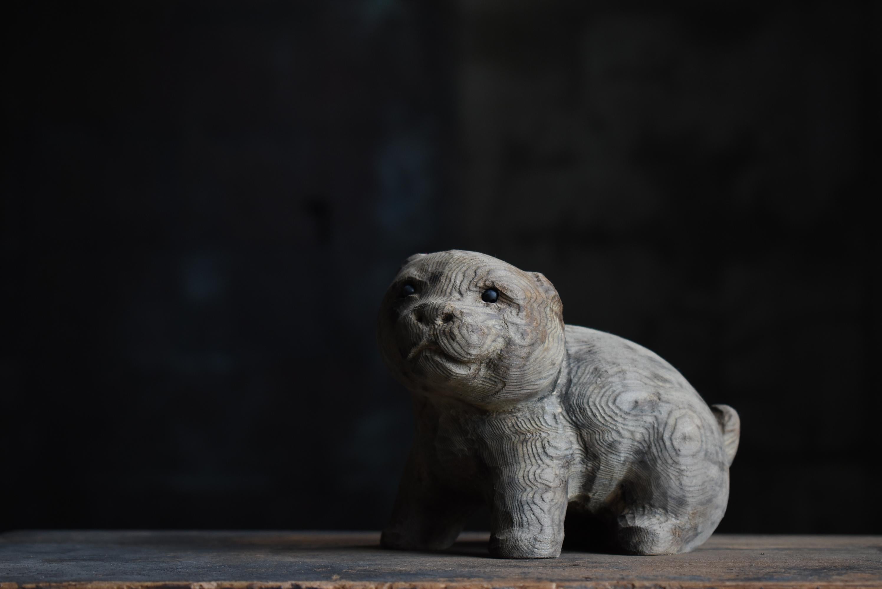 Showa Japanese Old Wood Carving Dog 1950s-1970s / Figurine Sculpture Wabisabi