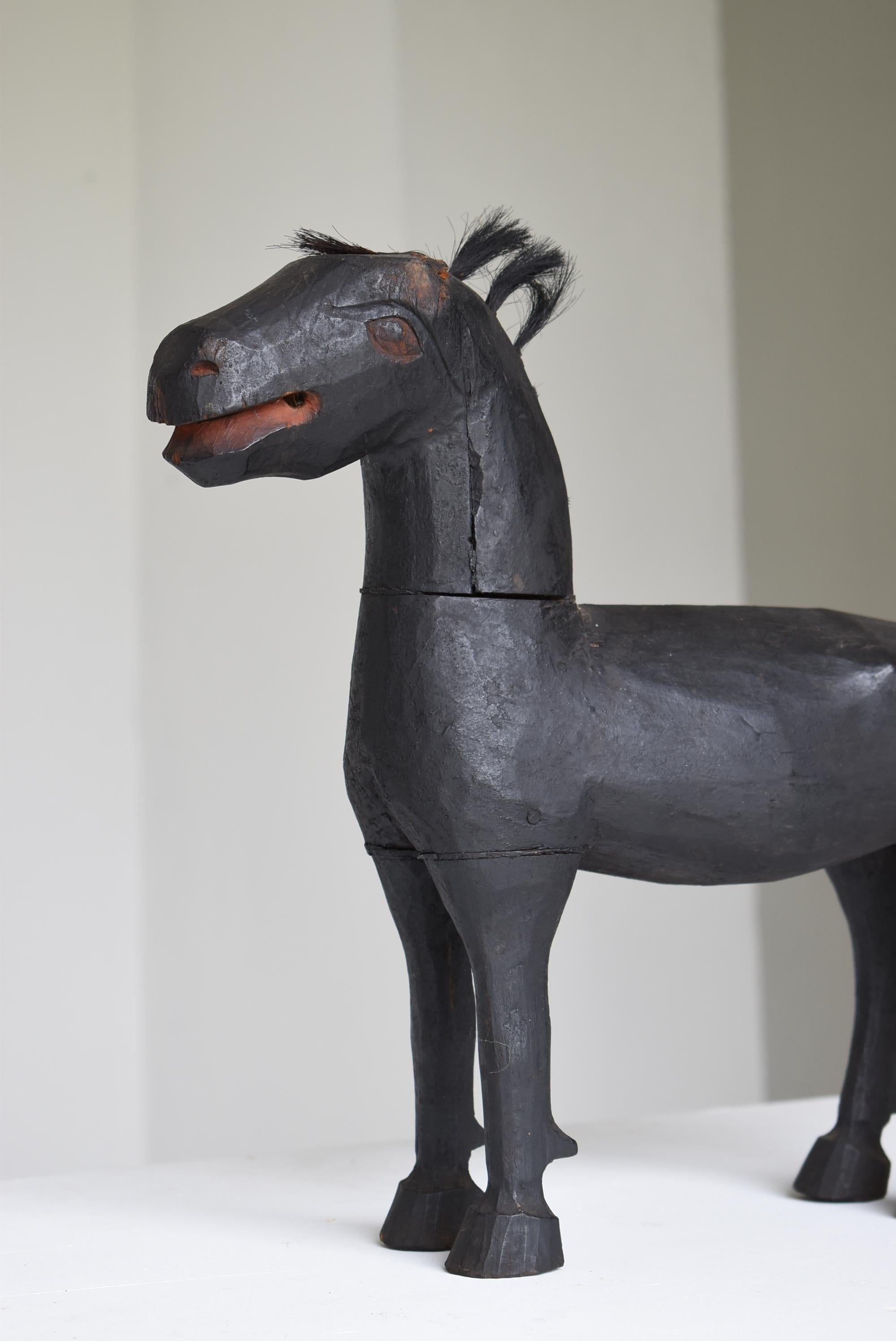 Japanese Old Wood Carving Horse 1800s-1900s/Antique Sculpture Folk Art Wabisabi In Good Condition In Sammu-shi, Chiba