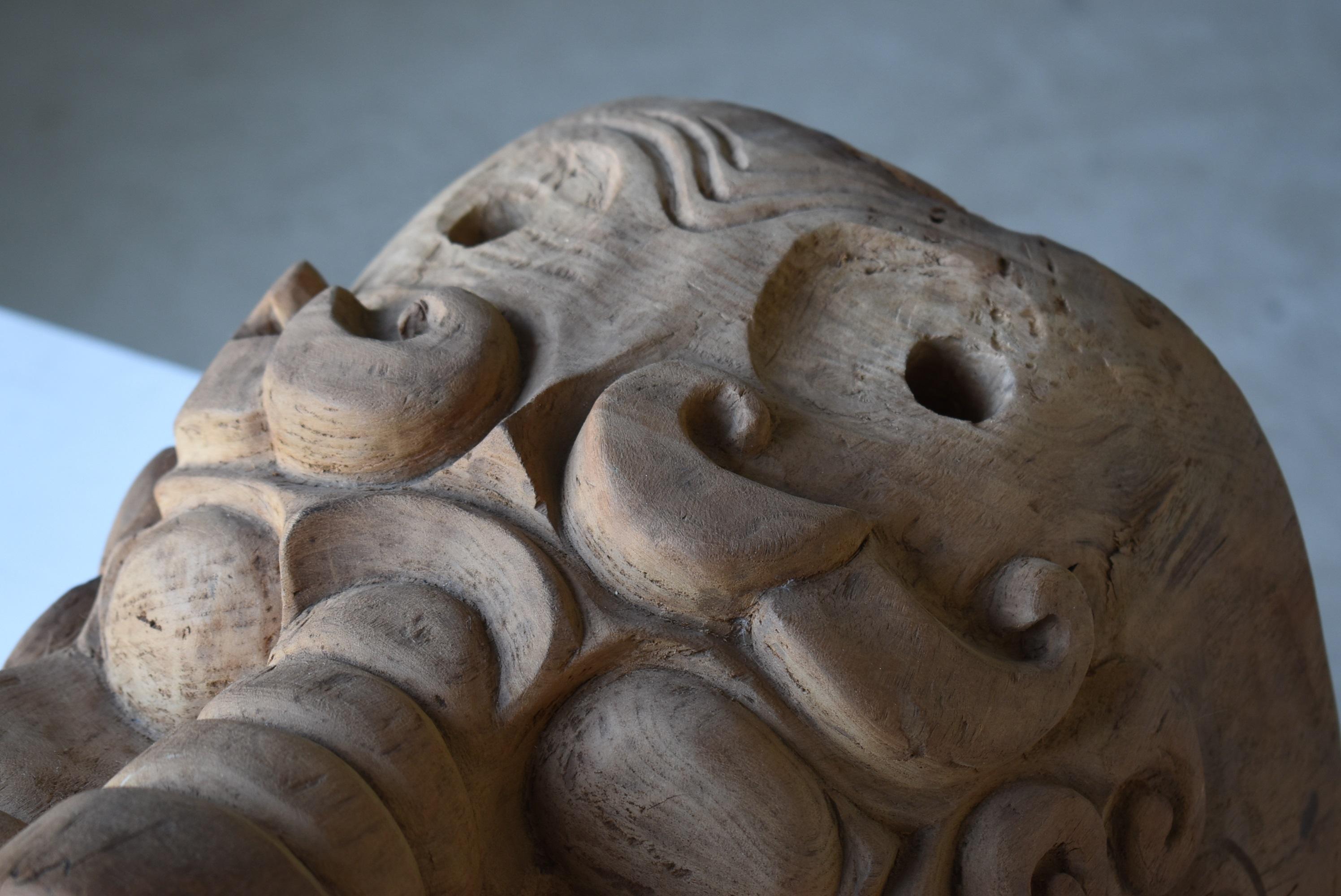 Japanese Old Wood Carving Lion Head/Antique Folk Art Figurine Object Wabisabi 7
