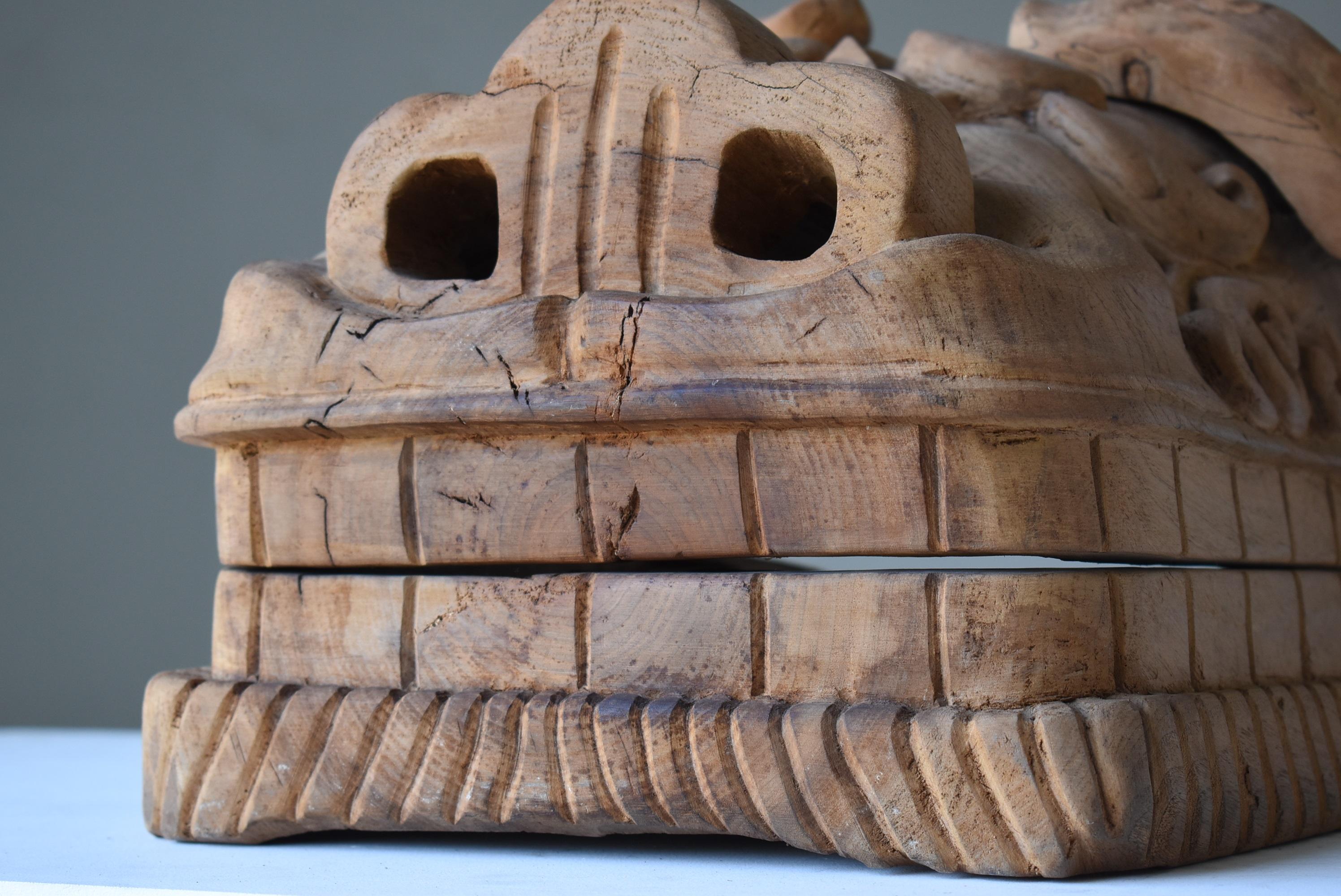 Meiji Japanese Old Wood Carving Lion Head/Antique Folk Art Figurine Object Wabisabi