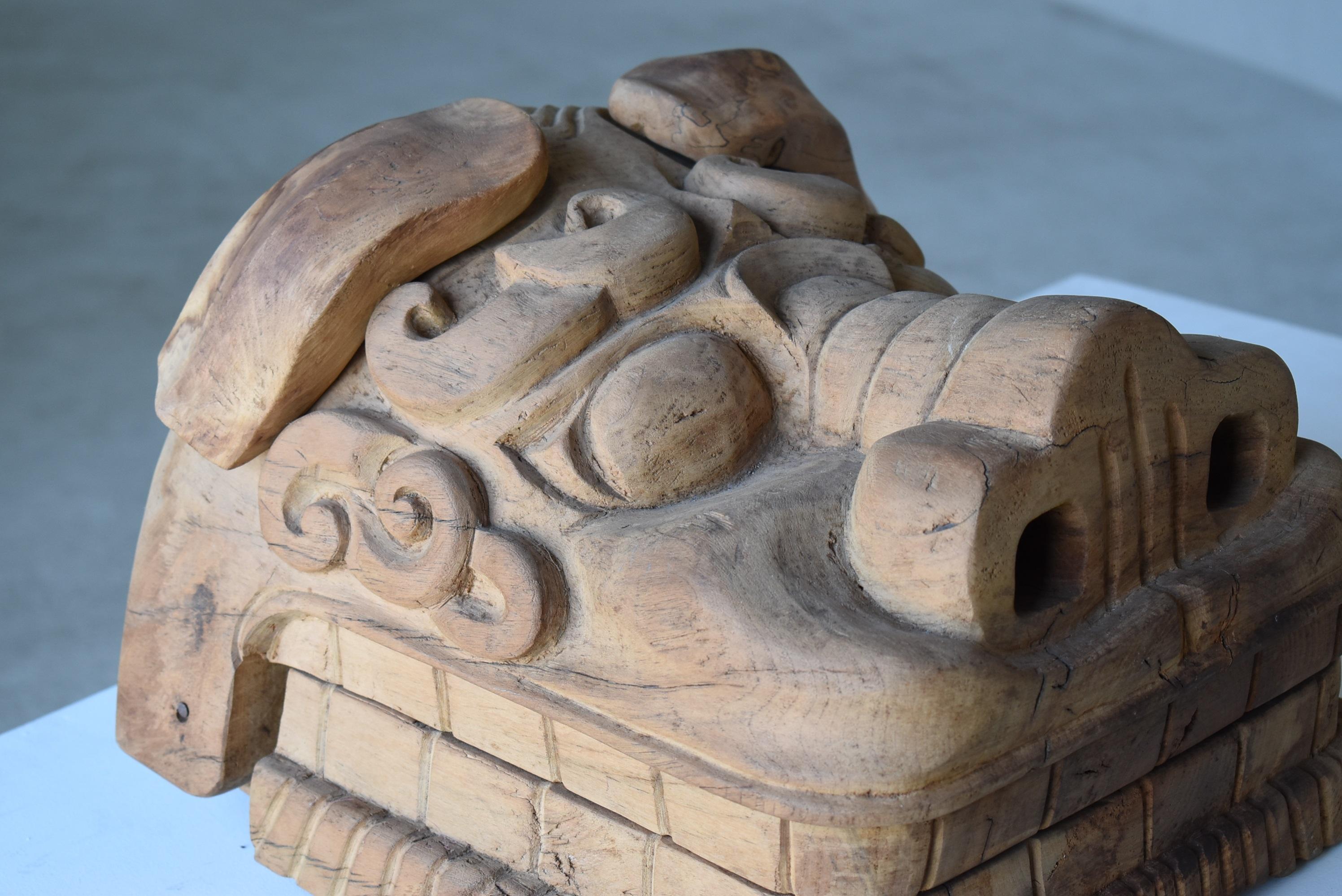 20th Century Japanese Old Wood Carving Lion Head/Antique Folk Art Figurine Object Wabisabi