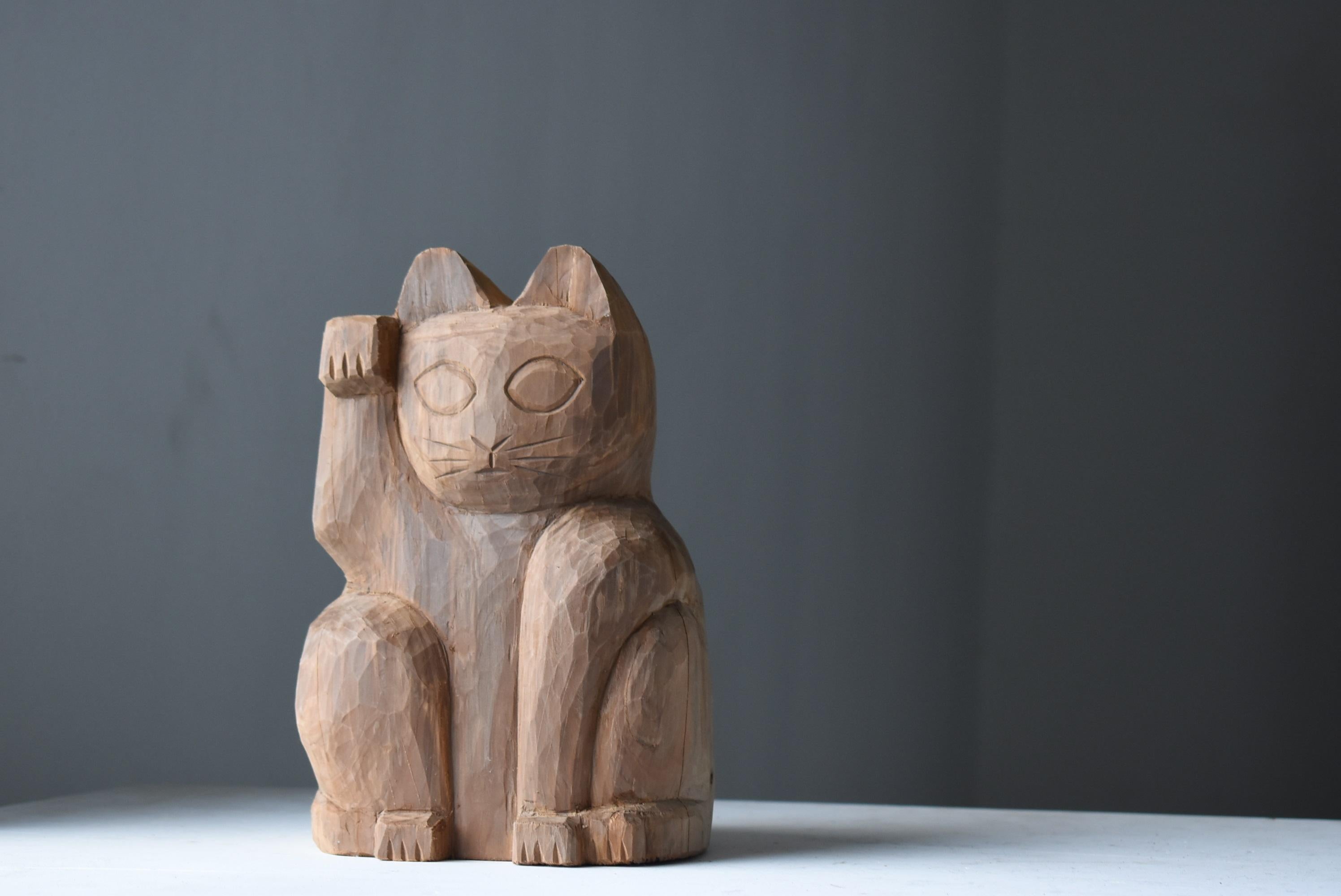 Japanese Old Wood Carving Maneki Neko 1950s-1970s/Beckoning Cat Sculpture mingei 2