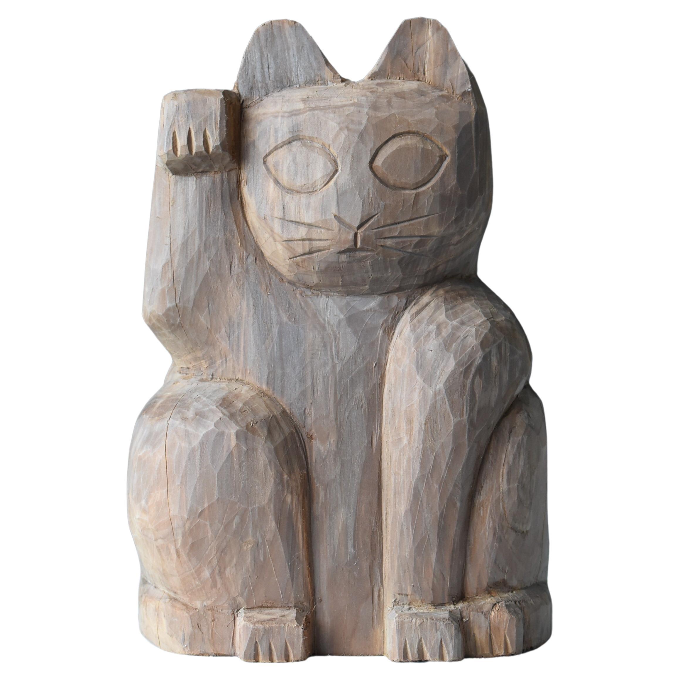 Japanese Old Wood Carving Maneki Neko 1950s-1970s/Beckoning Cat Animal Sculpture