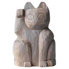 Vintage Japanese Old Wood Carving Maneki Neko 1950s-1970s/Beckoning Cat Sculpture mingei