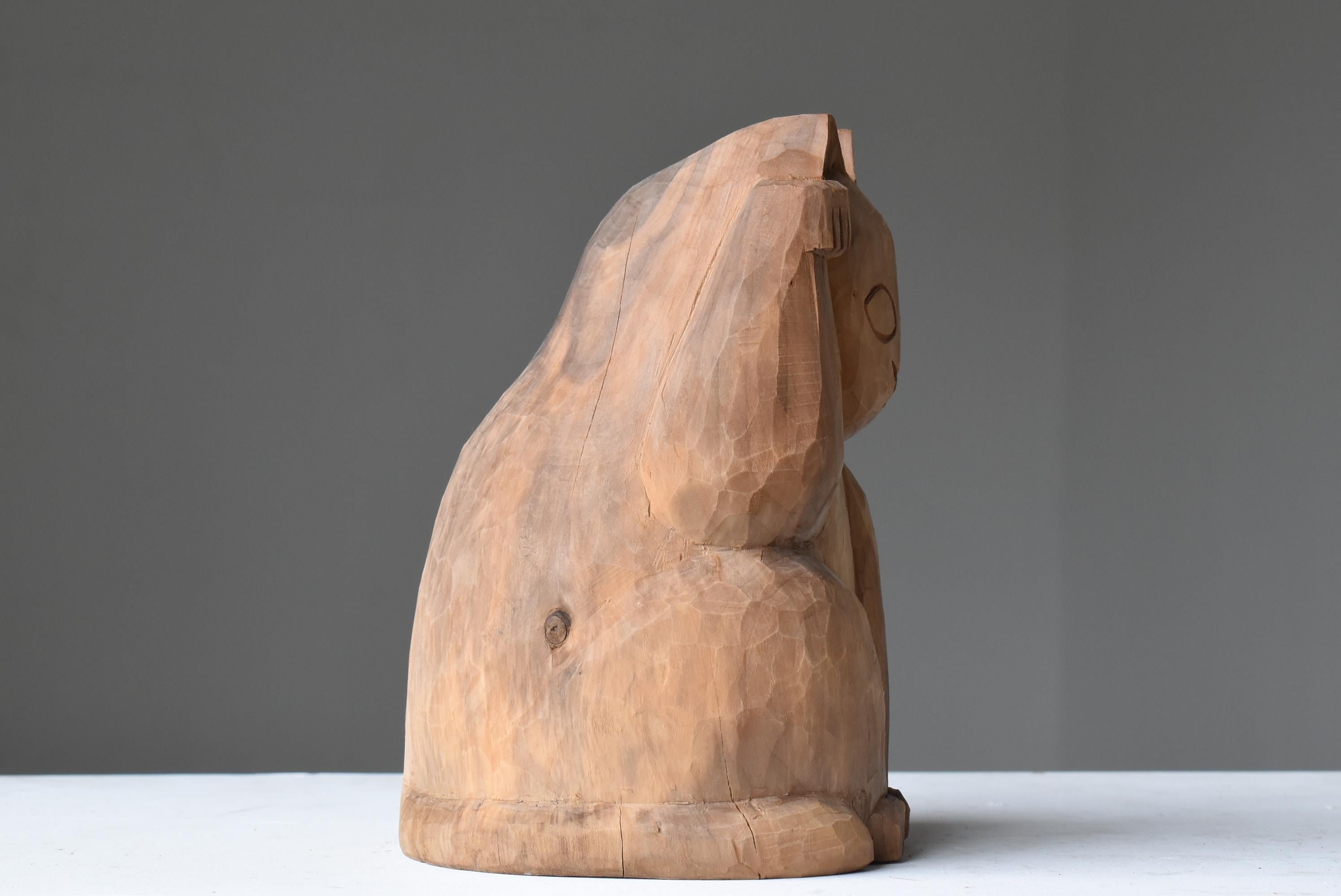 Japanese Old Wood Carving Maneki Neko 1950s-1970s/Beckoning Cat Sculpture Mingei 3