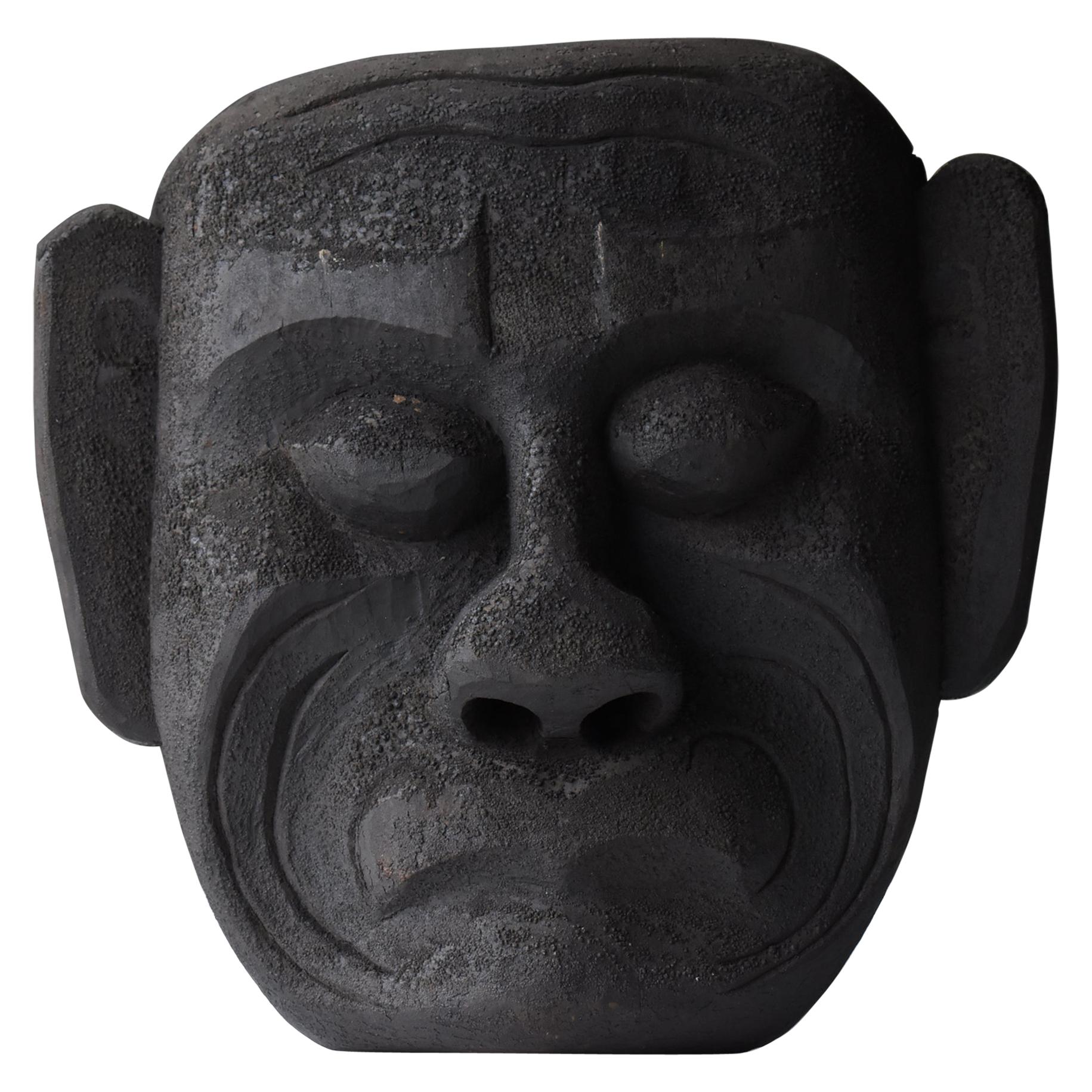Japanese Old Wood Carving Mask 1800s-1860s/Folk Art Sculpture Wabisabi Object
