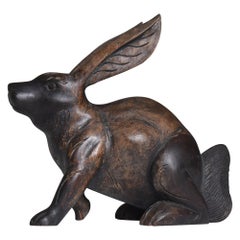 Japanese Old Wood Carving Rabbit 1920s-1940s/Antique Animal Sculpture Figurine