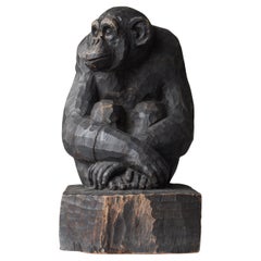 Japanese Old Wood Sculpture Chimpanzee 1940s-1960s / Wood Carving Mingei 
