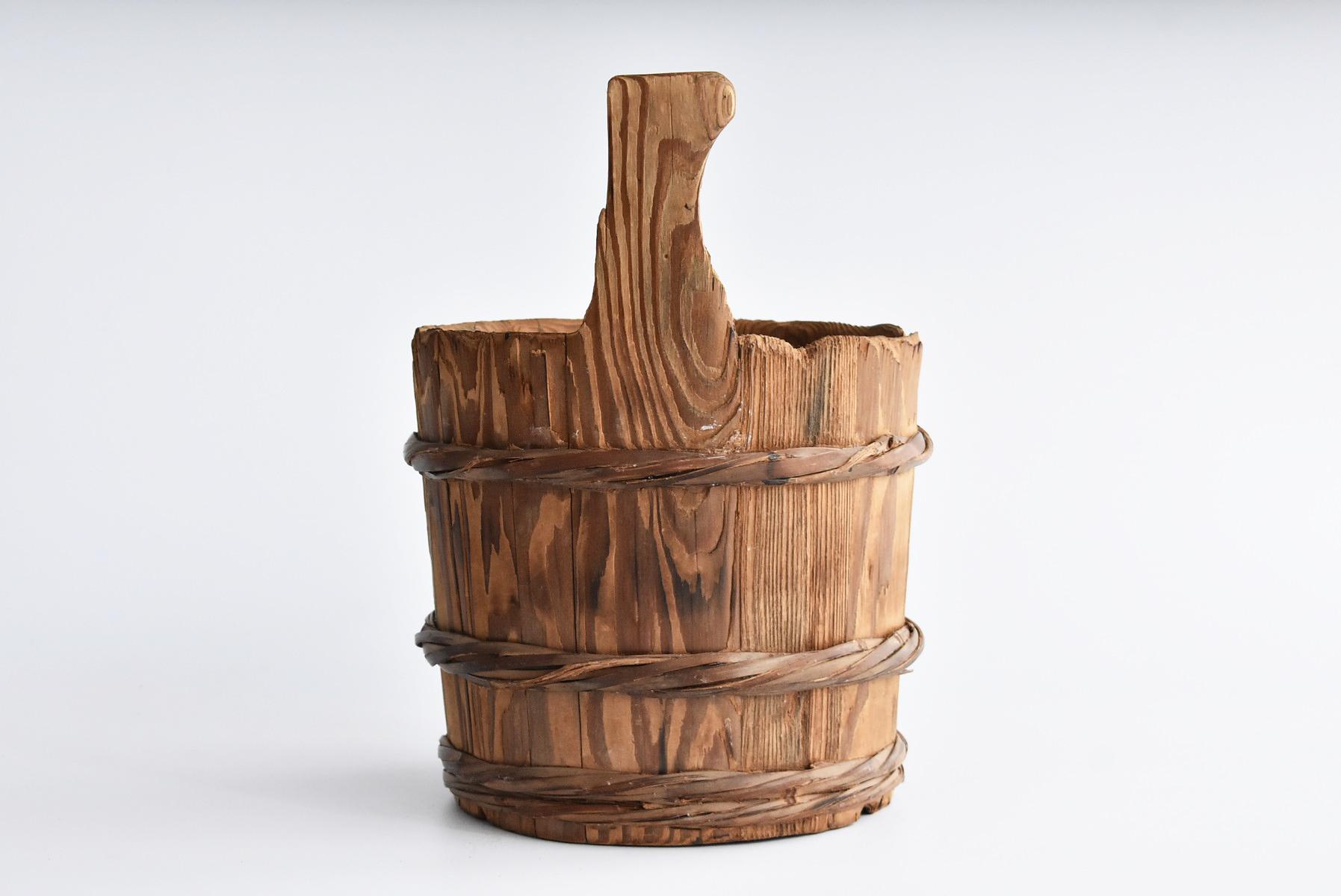 Meiji Japanese Old Wooden Bucket /Antique Vase /Wabi-Sabi Old Folk Implement