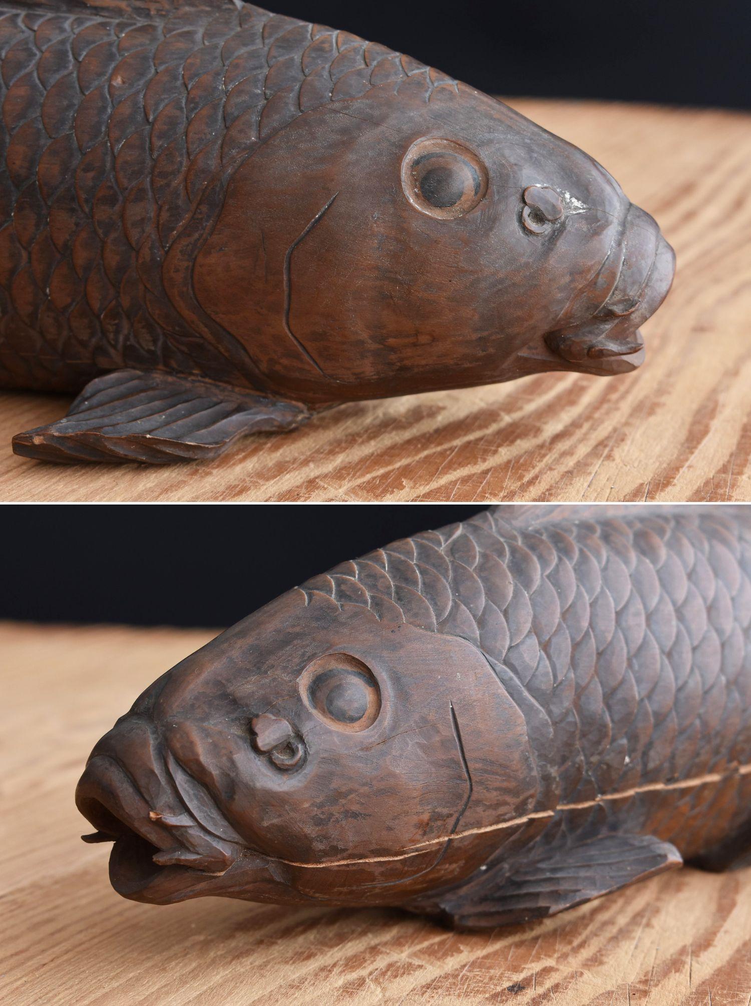 Japanese Old Wooden Carp Figurine/Excellent Skillful Carving/Meiji, Showa Era 2