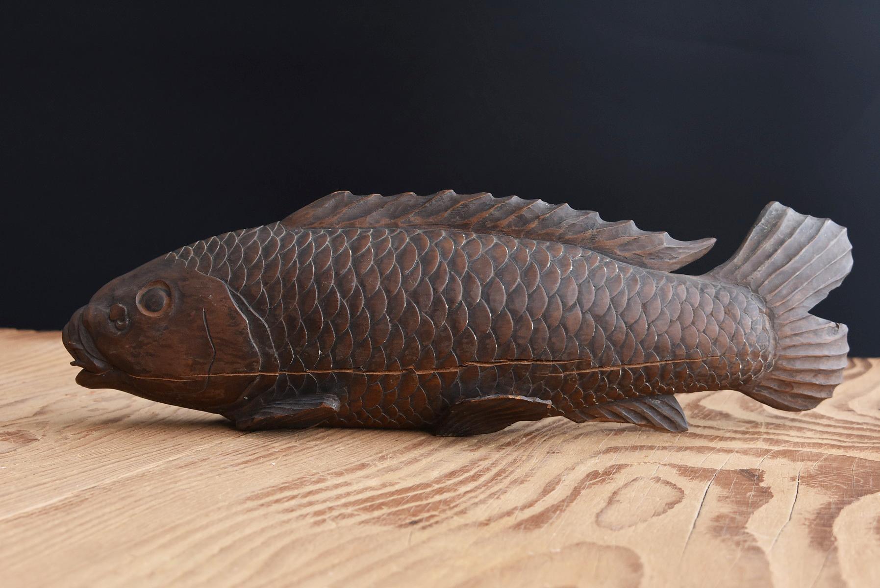 19th Century Japanese Old Wooden Carp Figurine/Excellent Skillful Carving/Meiji, Showa Era