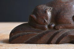 Japanese old wooden carved cat and small gourd figurine/1938