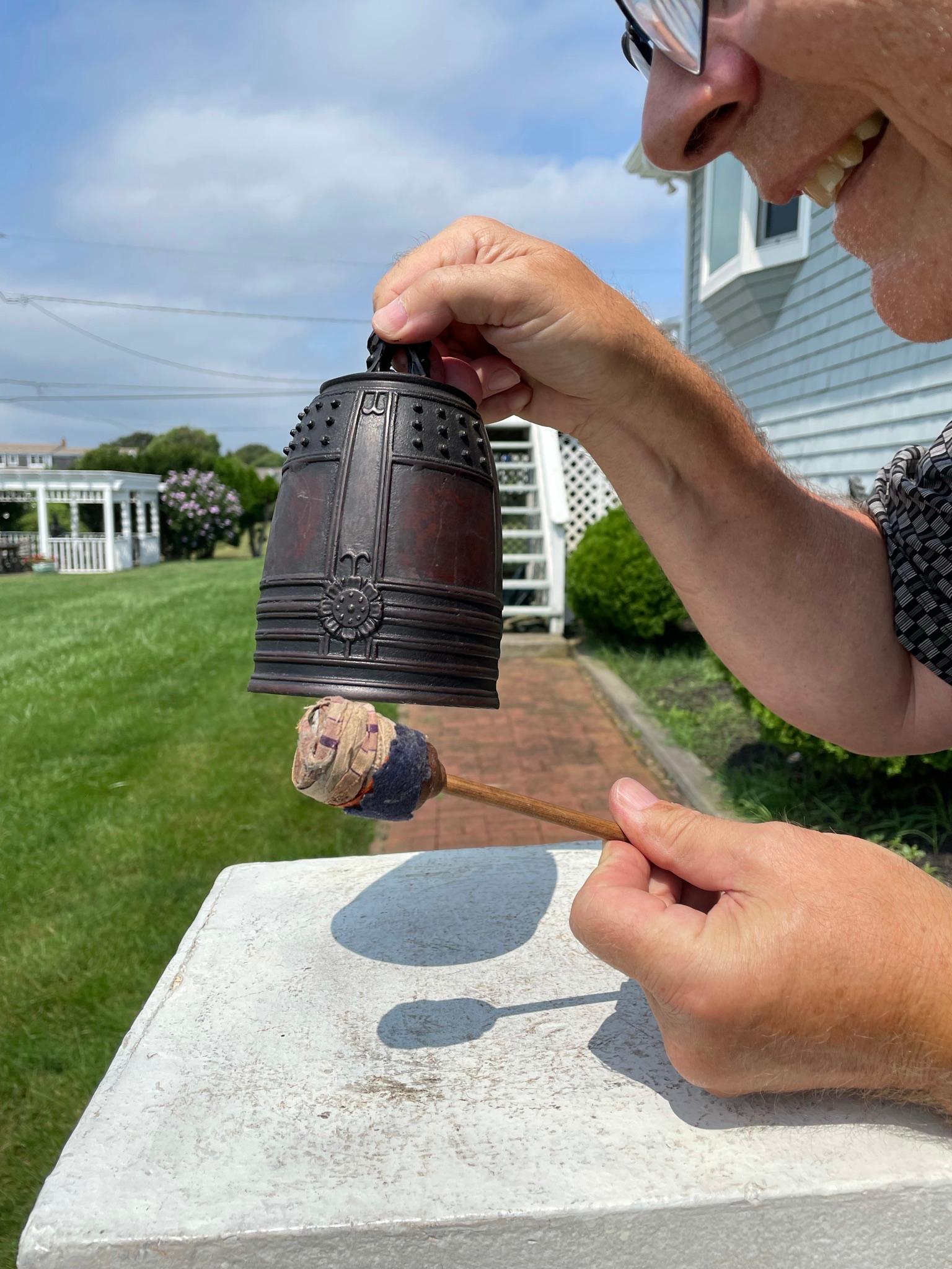 Here's a beautiful and unique way to accent your indoor or outdoor garden space with this treasure from Japan! 

This is a superb solid bronze casting of a wonderful temple bell Bonsho. This bell was sourced from an old Northern Japanese