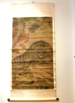 Large Japanese or Korean Tiger Rest and Grooming in the Forest, Scroll Painting