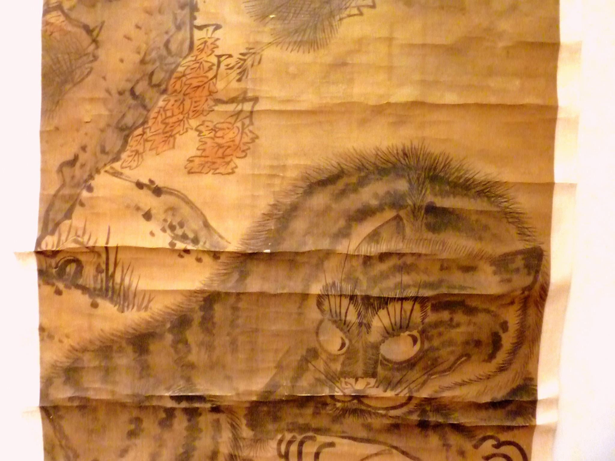 Hand-Painted Large Japanese or Korean Tiger Rest and Grooming in the Forest, Scroll Painting For Sale