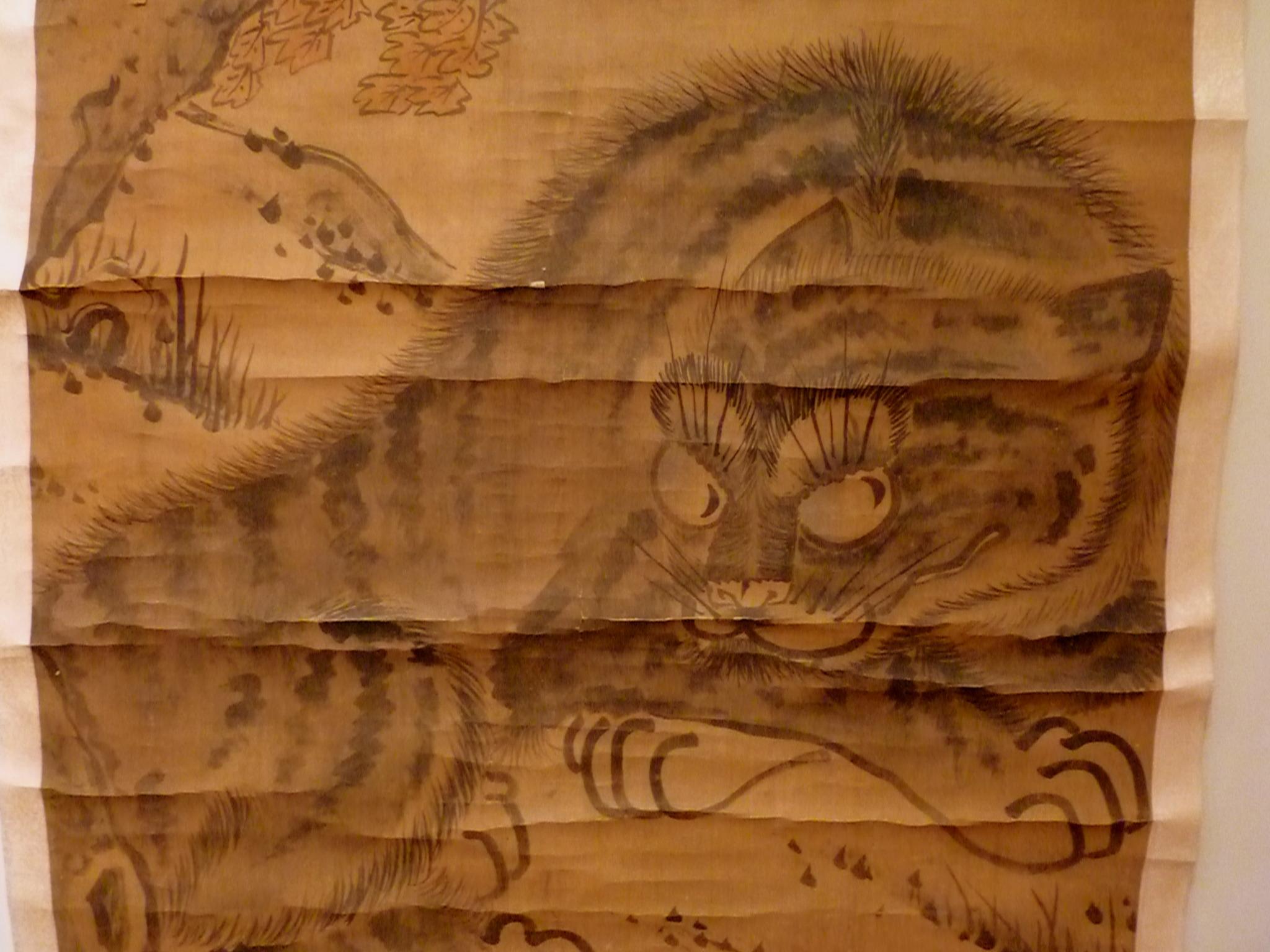 Large Japanese or Korean Tiger Rest and Grooming in the Forest, Scroll Painting In Good Condition For Sale In Greenwich, CT