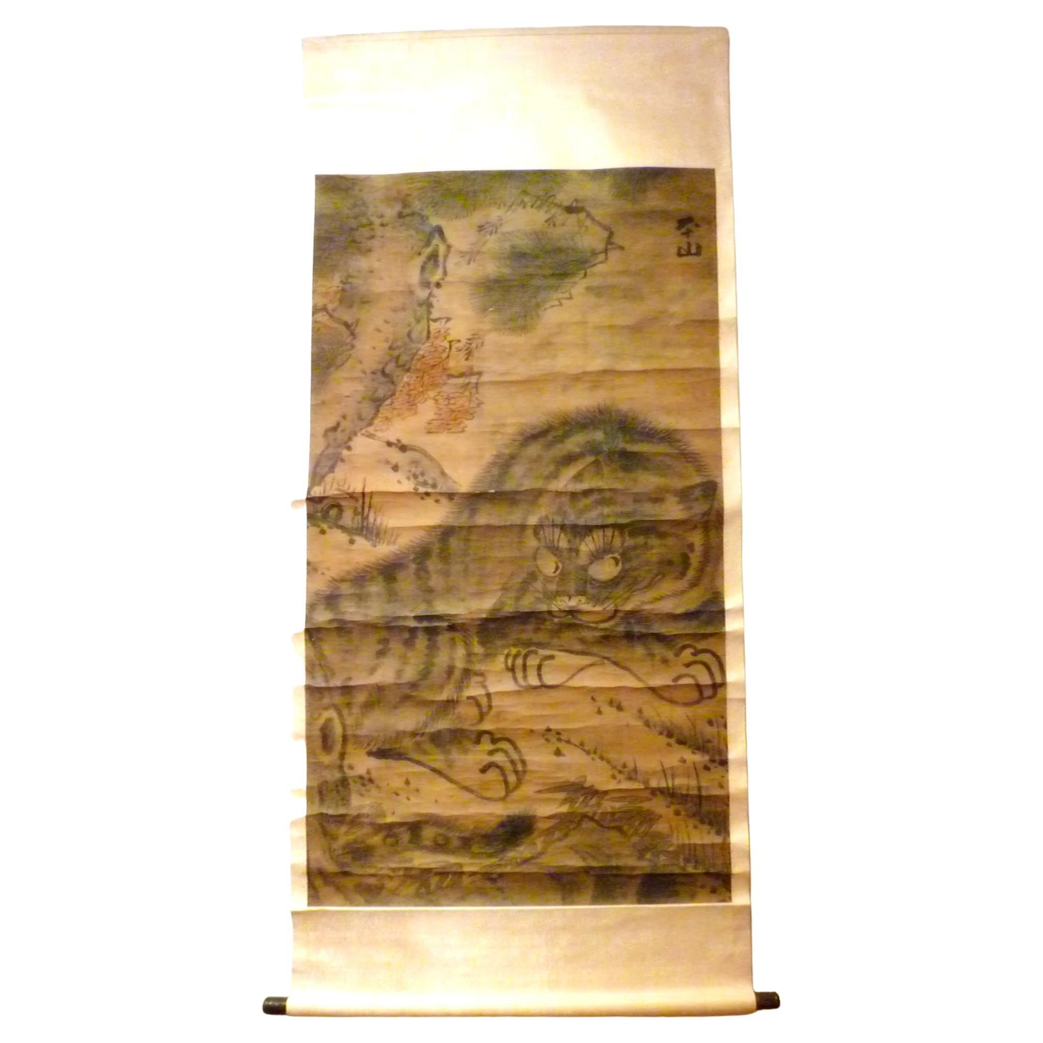 Large Japanese or Korean Tiger Rest and Grooming in the Forest, Scroll Painting For Sale
