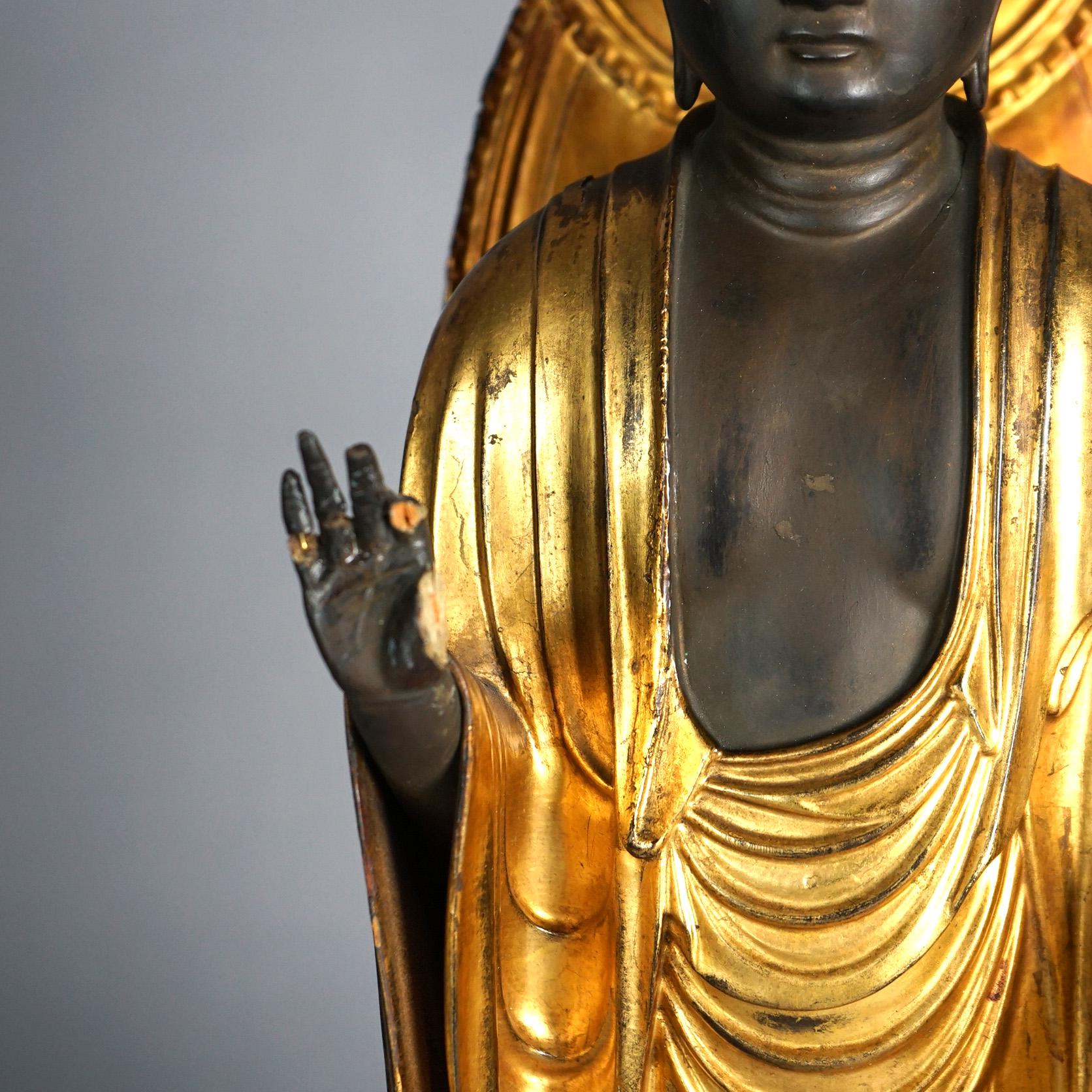 Japanese or Tibetan Polychromed Giltwood Carved Standing Buddha & Stand 19th C For Sale 4