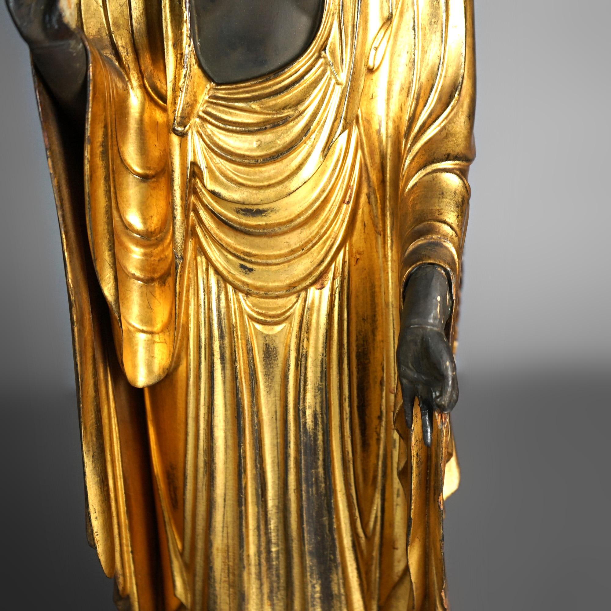 Japanese or Tibetan Polychromed Giltwood Carved Standing Buddha & Stand 19th C For Sale 5