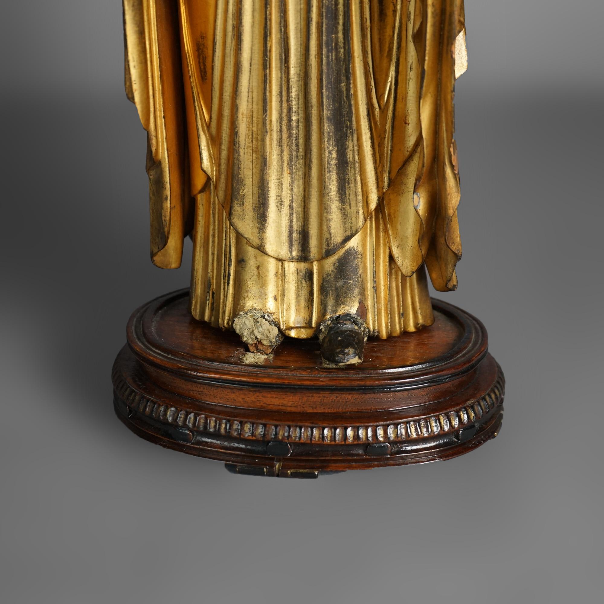 Japanese or Tibetan Polychromed Giltwood Carved Standing Buddha & Stand 19th C For Sale 7