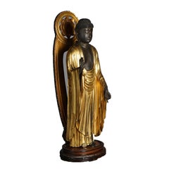 Japanese or Tibetan Polychromed Giltwood Carved Standing Buddha & Stand 19th C