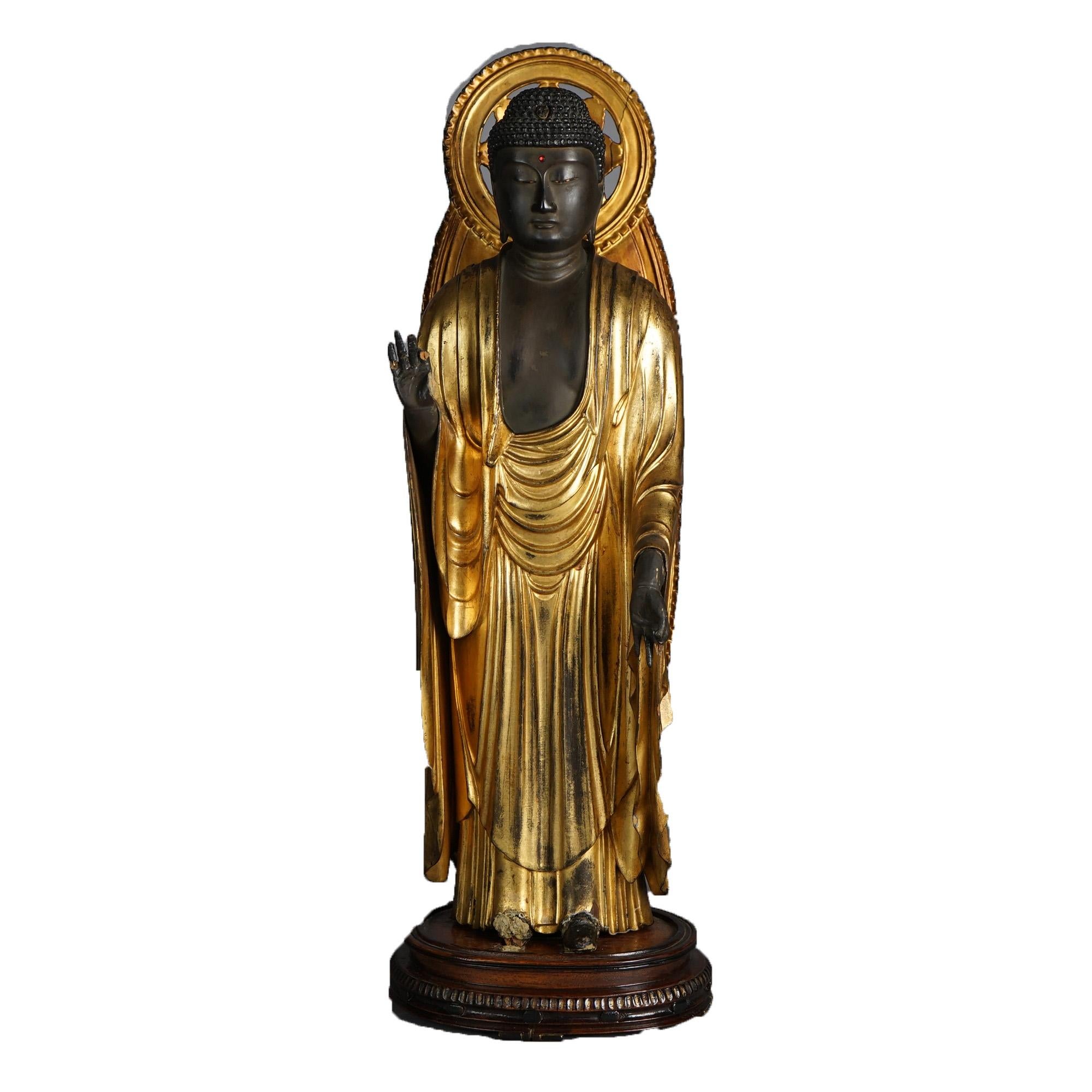 Asian Japanese or Tibetan Polychromed Giltwood Carved Standing Buddha & Stand 19th C For Sale