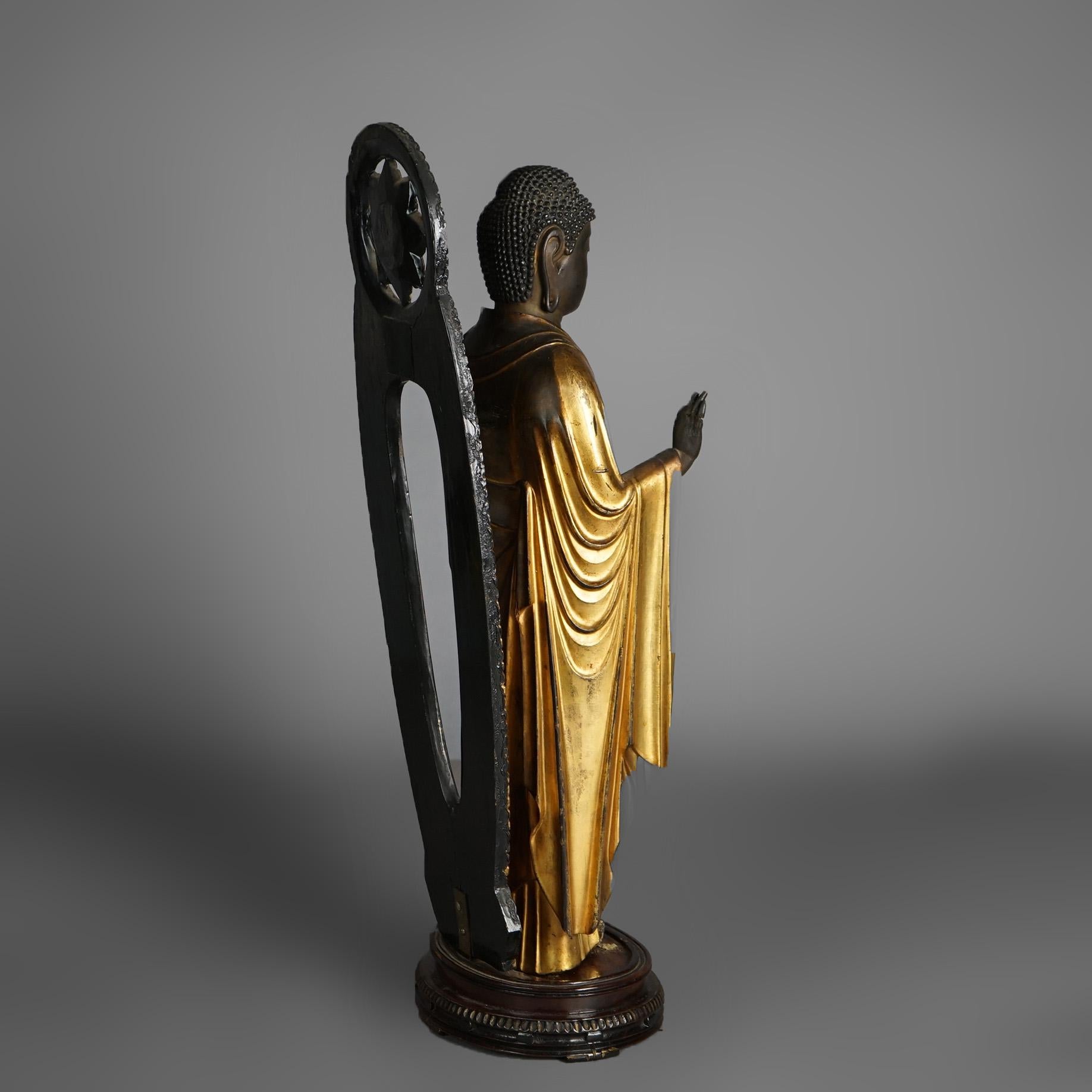 Japanese or Tibetan Polychromed Giltwood Carved Standing Buddha & Stand 19th C In Good Condition For Sale In Big Flats, NY