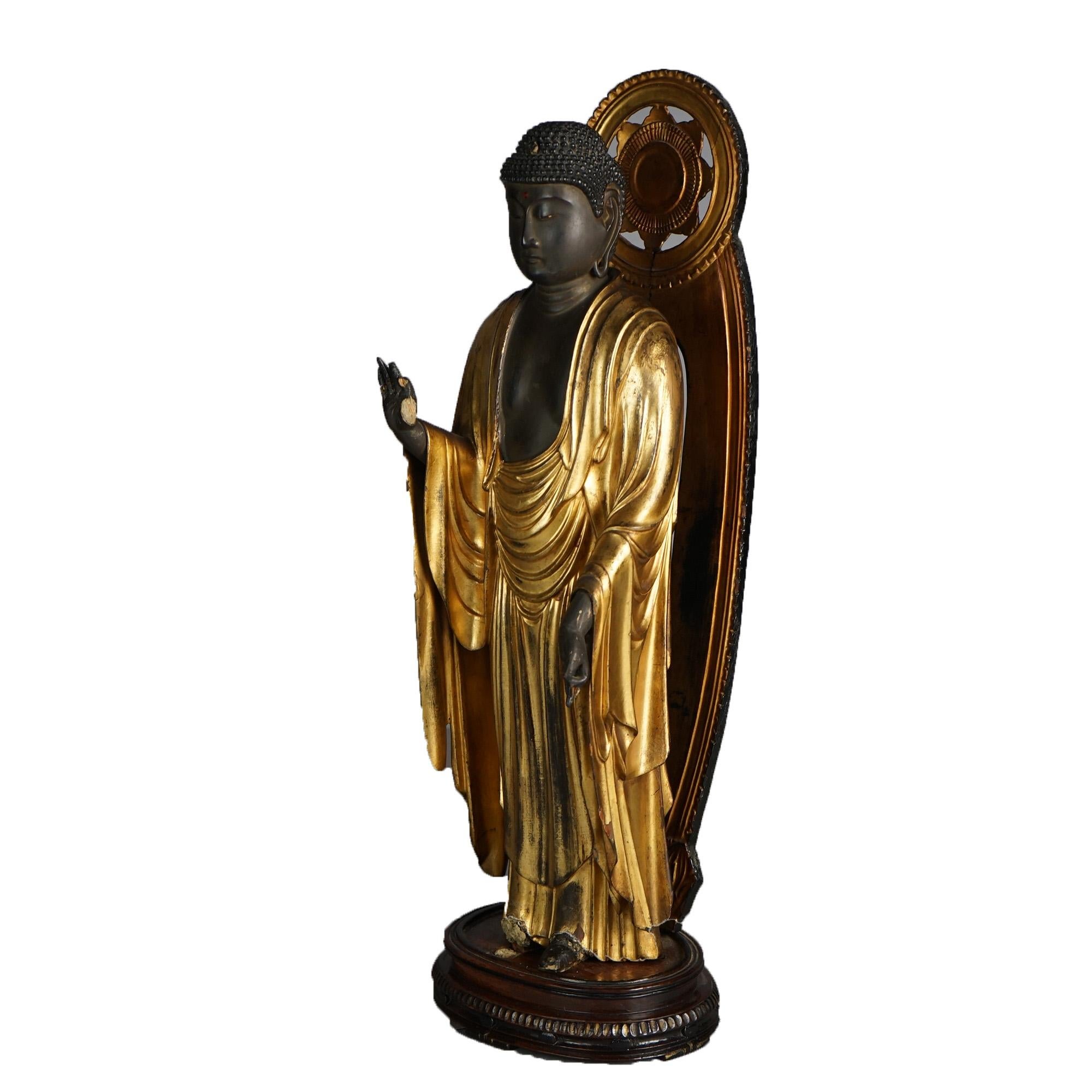 19th Century Japanese or Tibetan Polychromed Giltwood Carved Standing Buddha & Stand 19th C For Sale