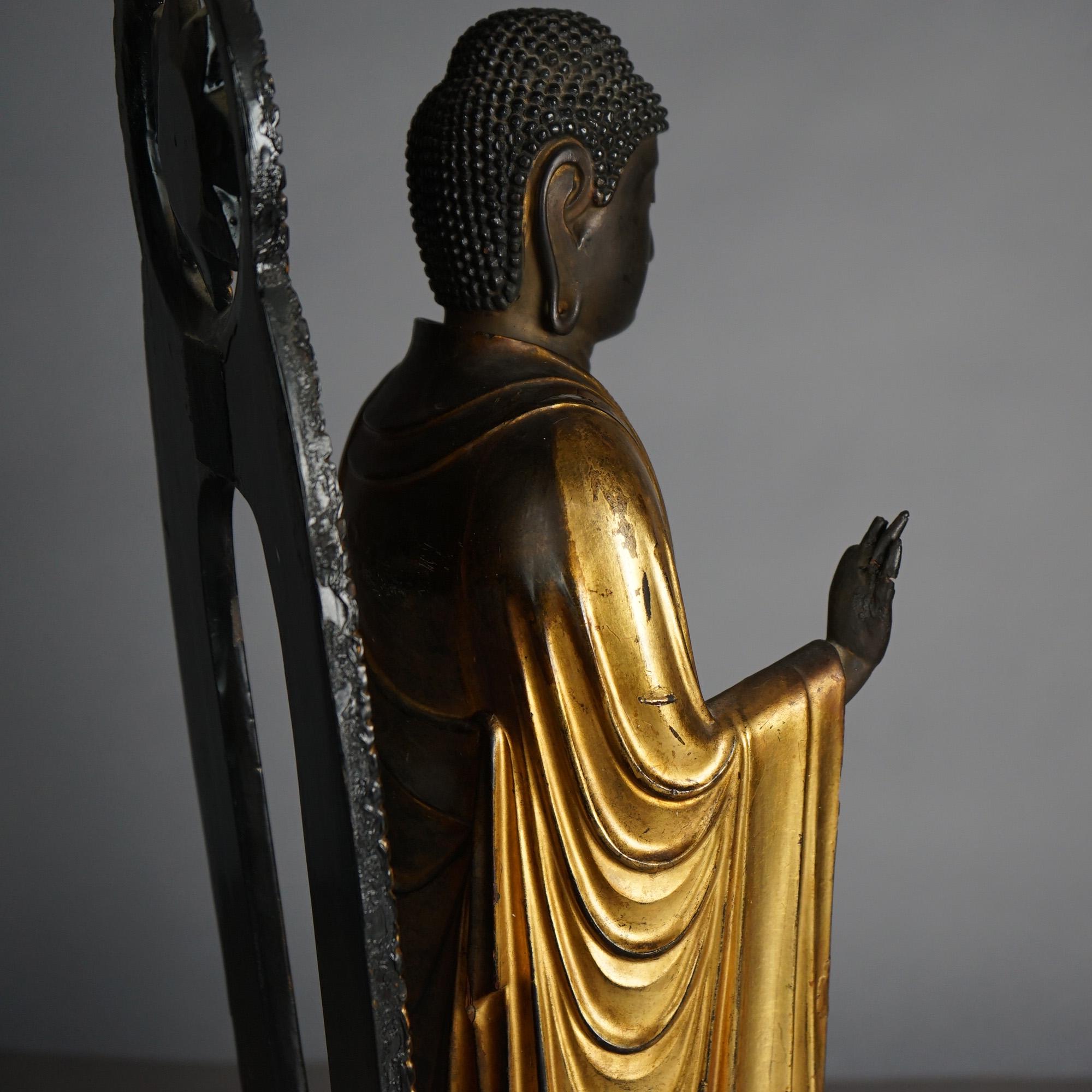 Japanese or Tibetan Polychromed Giltwood Carved Standing Buddha & Stand 19th C For Sale 2